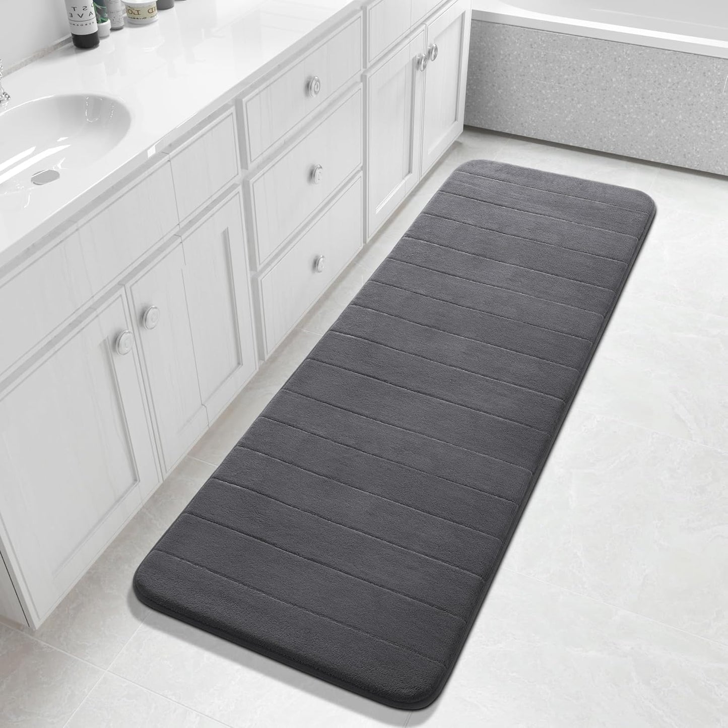 Yimobra Bathroom Runner 60"x24", Non Slip Memory Foam Bath Mat, Super Soft Water Absorbent Hallway Carpet, Machine Washable Rug for Vanity Tub Shower, Dark Gray