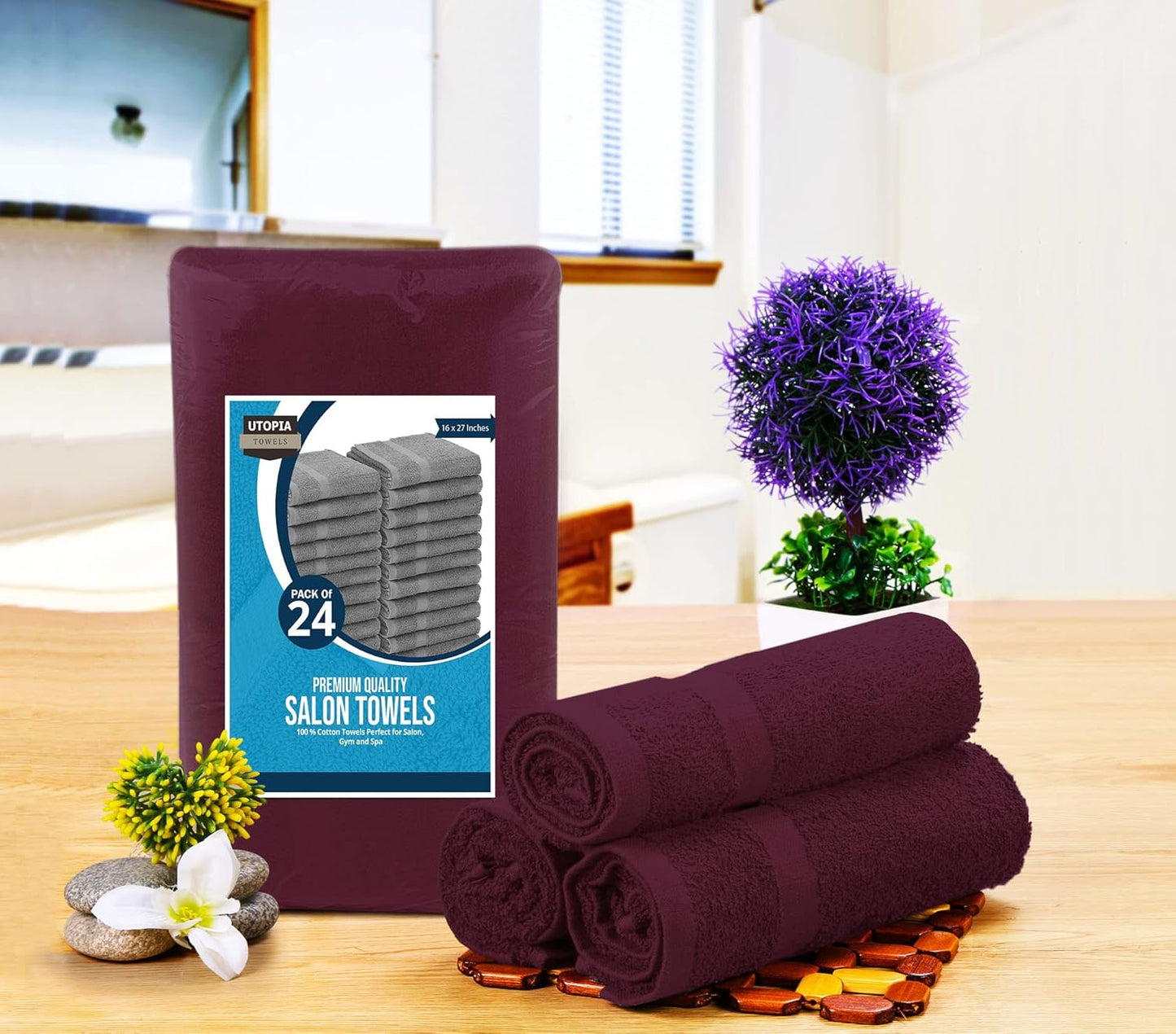 Utopia Towels, Salon Towel, Pack of 24, Not Bleach Proof, 16 by 27 Inches, Highly Absorbent Cotton Towels for Hand, Gym, Beauty, Spa, and Home Hair Care, Burgundy