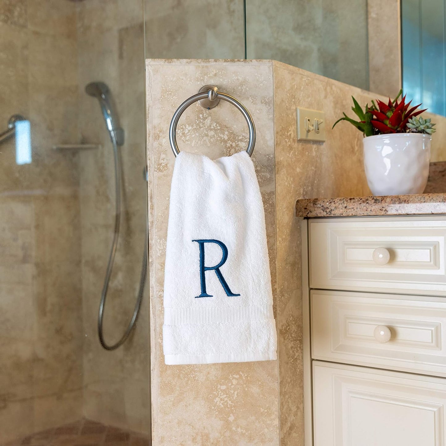 Monogrammed Hand Towels for Bathroom - Luxury Hotel Quality Personalized Initial Decorative Embroidered Bath Towel for Powder Room, Spa - GOTS Organic Certified - Set of 2 Navy Letter R