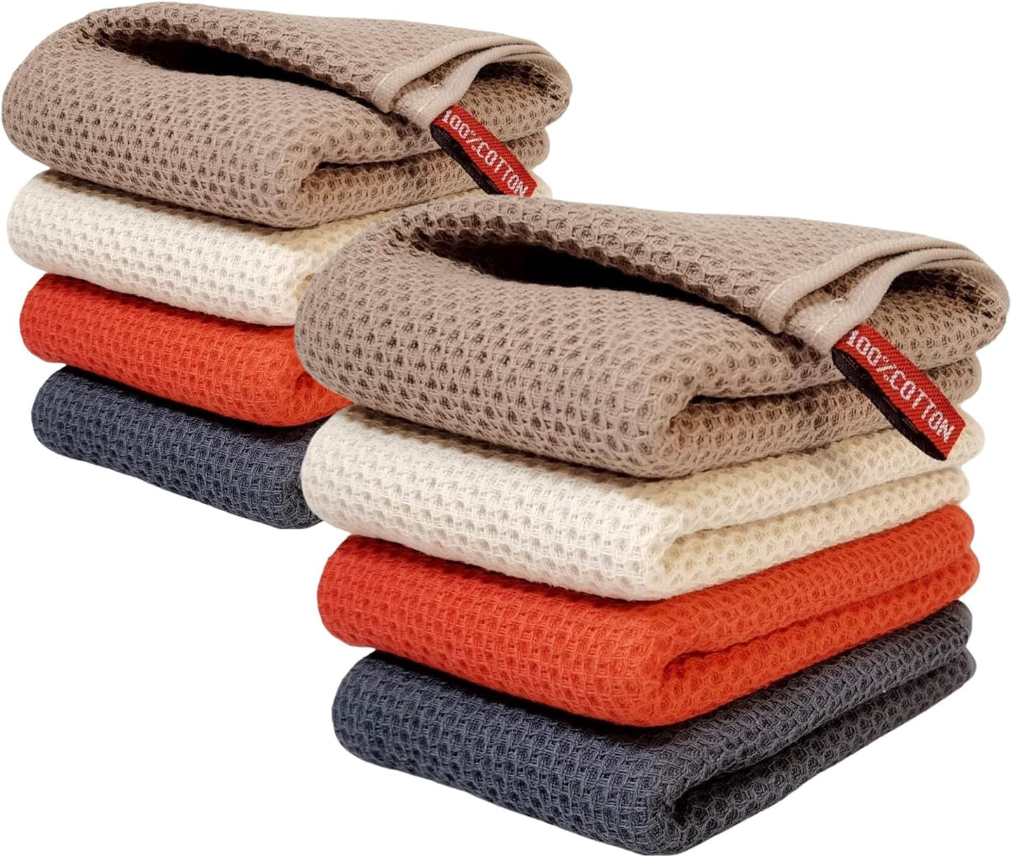 Kitchen Towels 100% Cotton Waffle Weave Dish Towel for Cleaning Drying Dishes Extra Absorbent and Soft, Dish Cloth,13 x 28 in, 8 Pack (Beige+Dark Grey+Brown+Red-8 Pack)