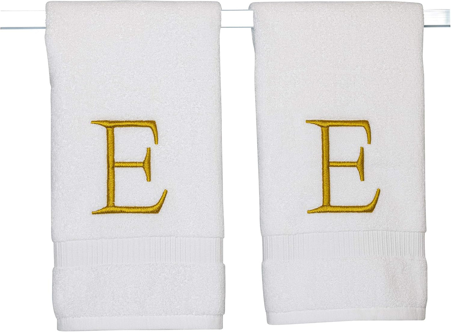 Monogrammed Hand Towels for Bathroom - Luxury Hotel Quality Personalized Initial Decorative Embroidered Bath Towel for Powder Room, Spa - GOTS Organic Certified - Set of 2 Gold Letter E