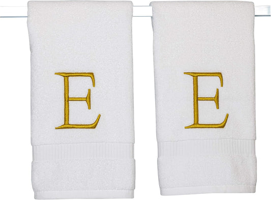 Monogrammed Hand Towels for Bathroom - Luxury Hotel Quality Personalized Initial Decorative Embroidered Bath Towel for Powder Room, Spa - GOTS Organic Certified - Set of 2 Gold Letter E