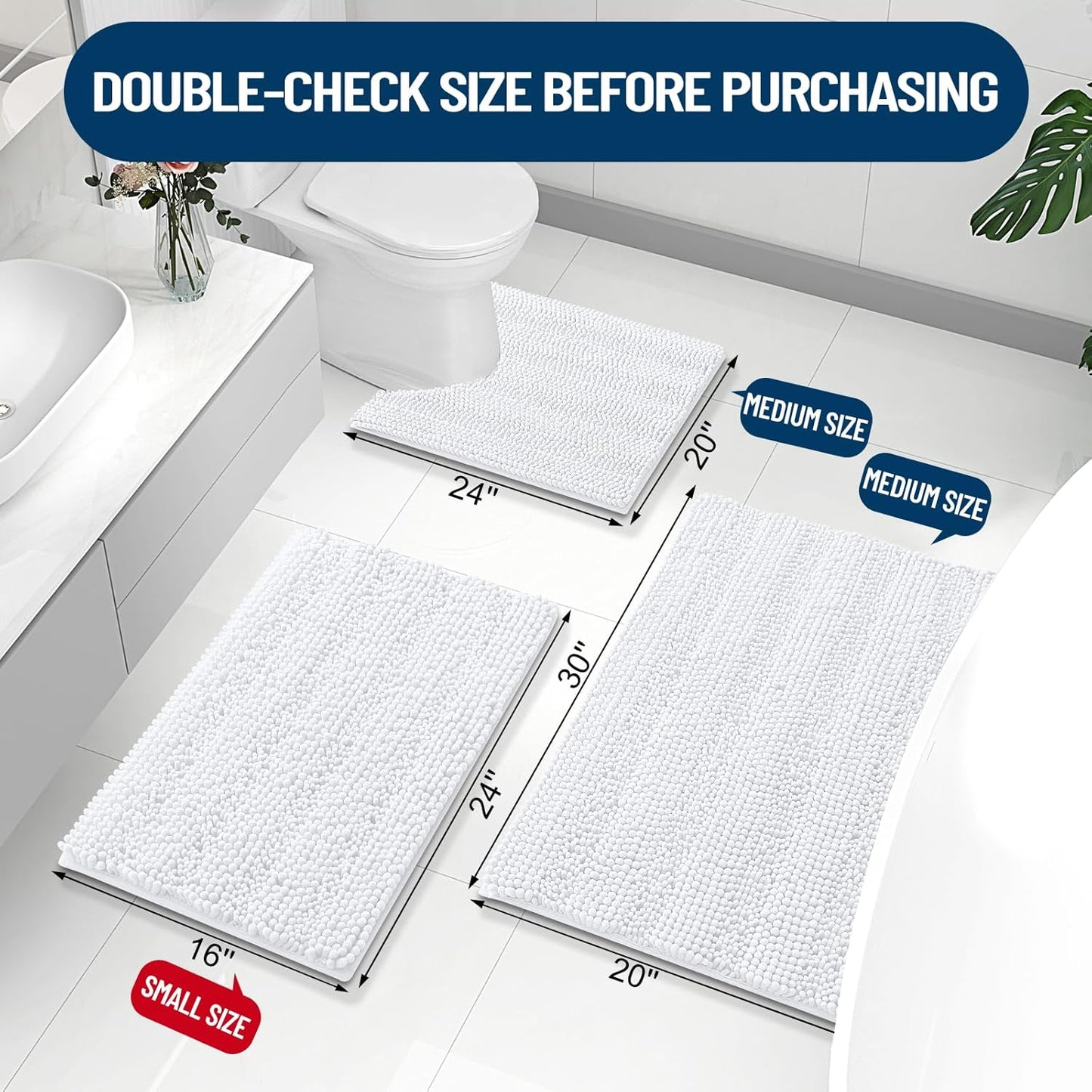 Grandaily Chenille Striped Bathroom Rugs 59x24, Extra Thick and Absorbent Bath Mats, Non-Slip Soft Plush Shaggy Shower Carpet, Machine Wash Dry, Bath Rug for Bathroom, White