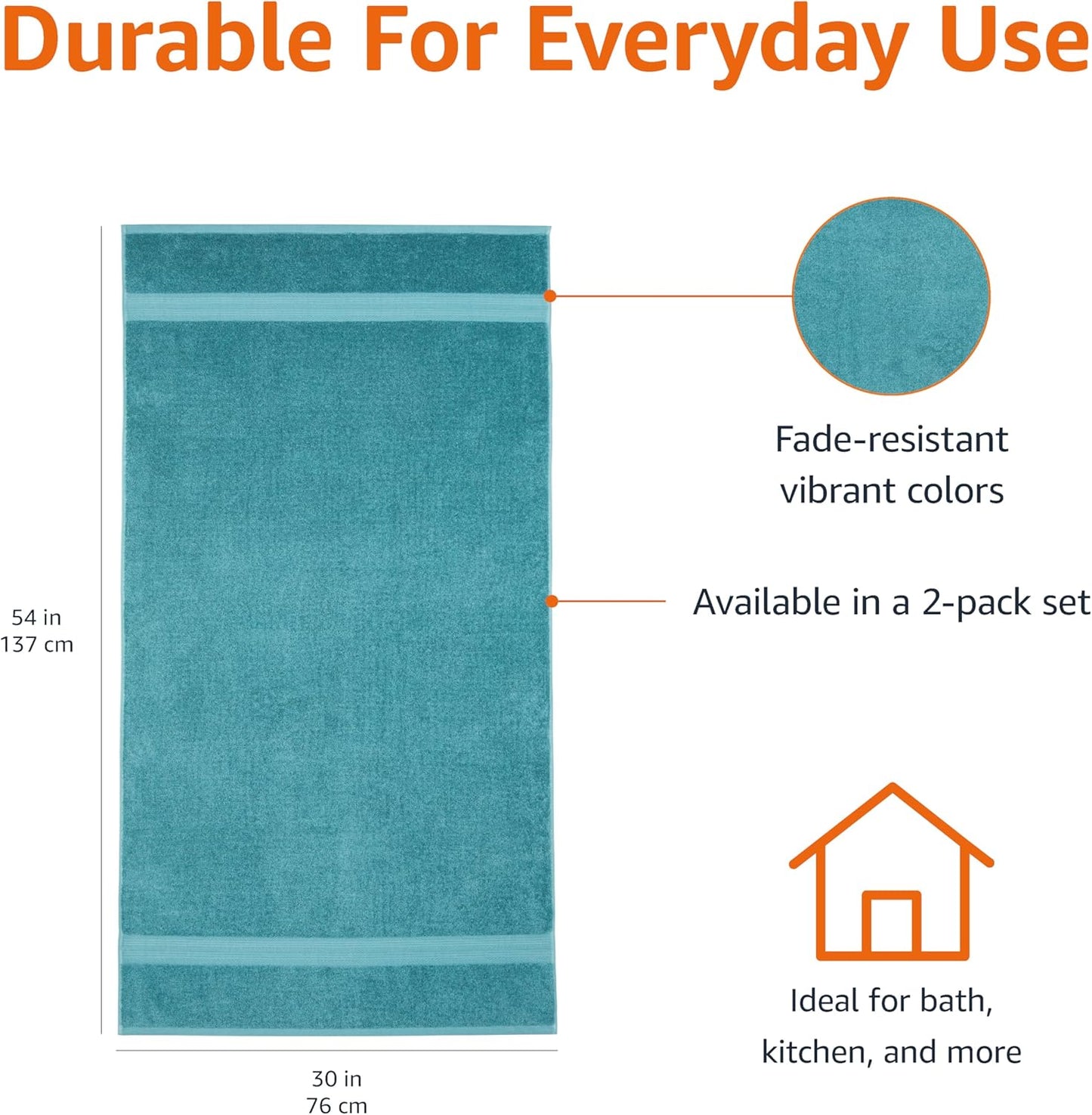 Amazon Basics Fade-Resistant 100% Cotton Bath Towel, 2 Pack, 30"x54", Teal Green