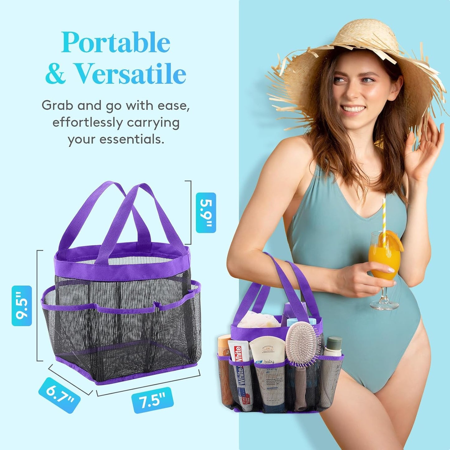 Lifewit Mesh Shower Caddy Freestanding Portable Shower Tote Bag for College Dorm, Bathroom, Gym, Travel, Quick Dry Hanging Organizer with 7 Storage Pockets for Toiletry Essentials,Purple