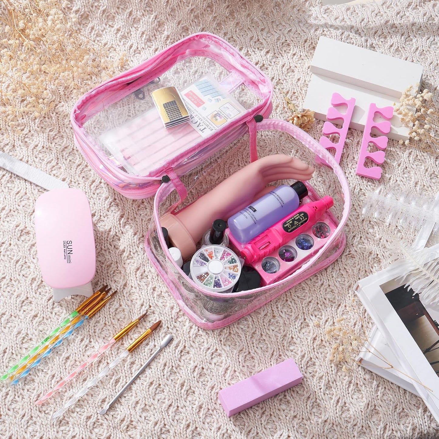 Acrylic Nail Kit with Everything: Beginners Practice Hand Acrylic Nail Powder Liquid Set with U V Lamp Drill in Gift Bag for Home Salon(Pink Bag)