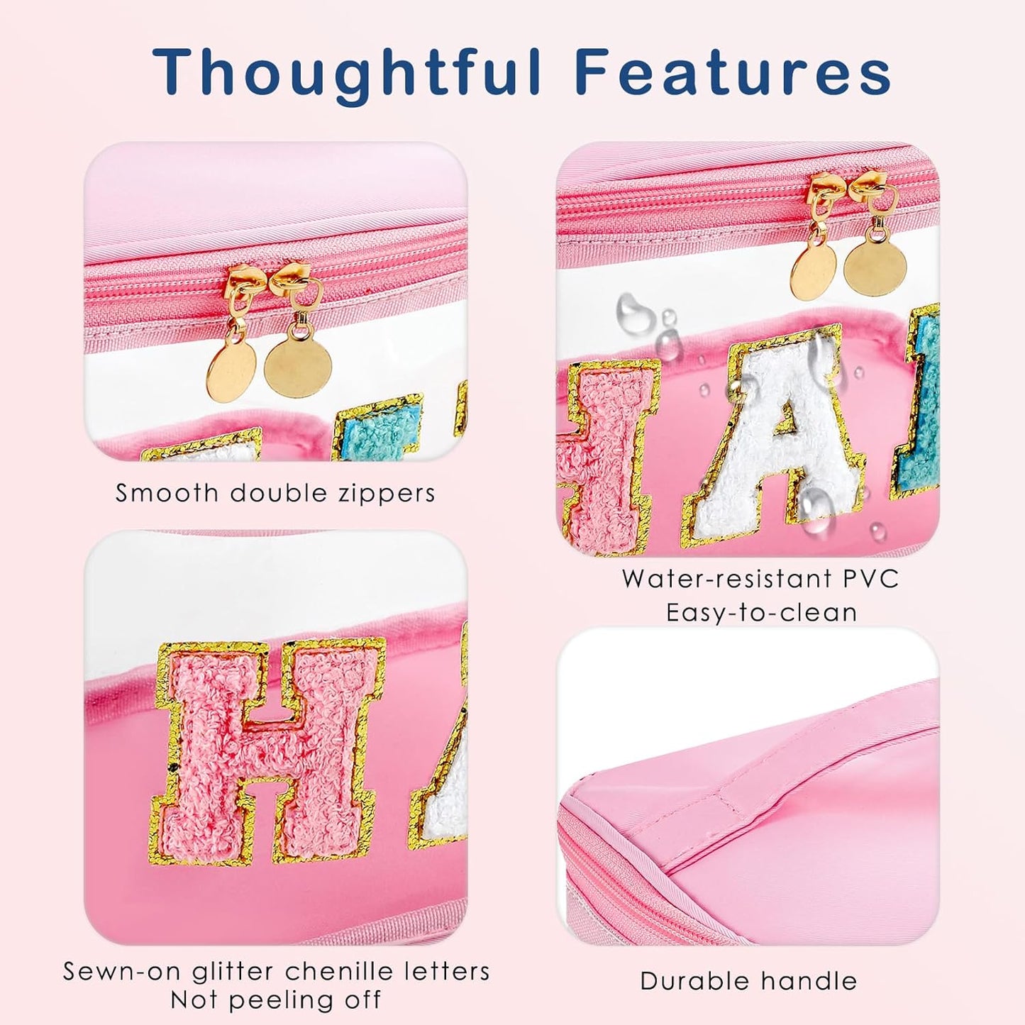 Personalized Chenille Letter Clear Hair Makeup Bag, Large Size Waterproof Nylon Cosmetic Toiletry Storage bag with Top Handle, Transparent Meds Hair Travel Organizer Cosmetic Bag(06Hair-Pink)
