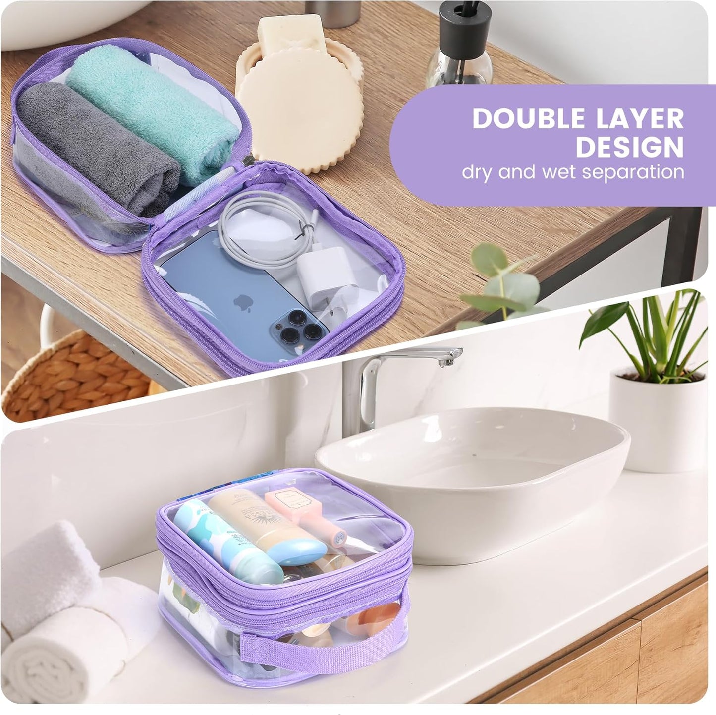 TSA clear toiletry bag airport approved see through pvc plastic pouch transparent makeup carry on with handle(purple)
