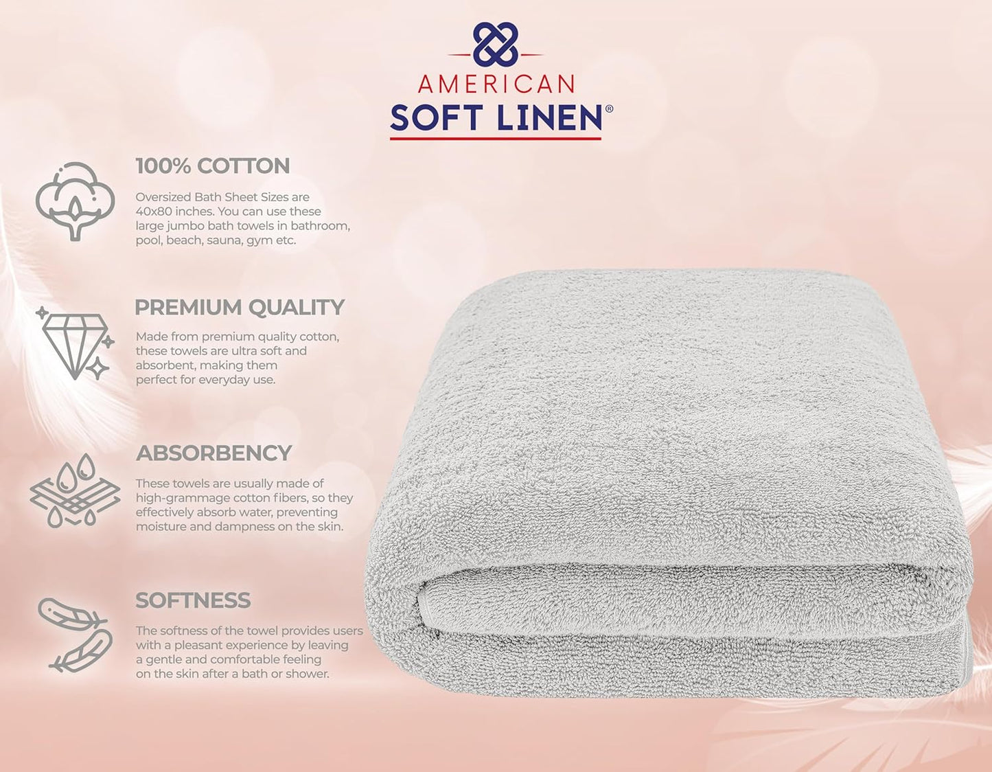 American Soft Linen Oversized Bath Sheet 40x80 Extra Large for Bathroom, 600 GSM 100% Cotton Turkish Jumbo Bathsheet Towels for Adults, Silver Gray Bath Sheet