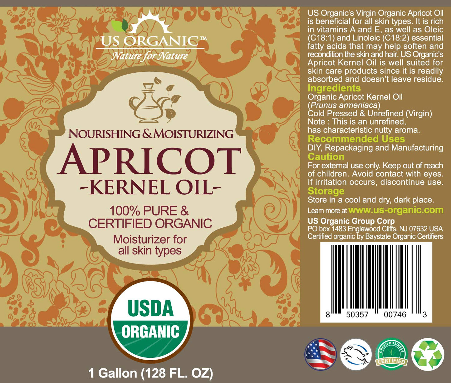 US Organic Apricot Kernel Oil, USDA Certified Organic,100% Pure & Natural, Cold Pressed Virgin, Unrefined, Size for DIY and small manufacturers (128 oz (1 Gallon))