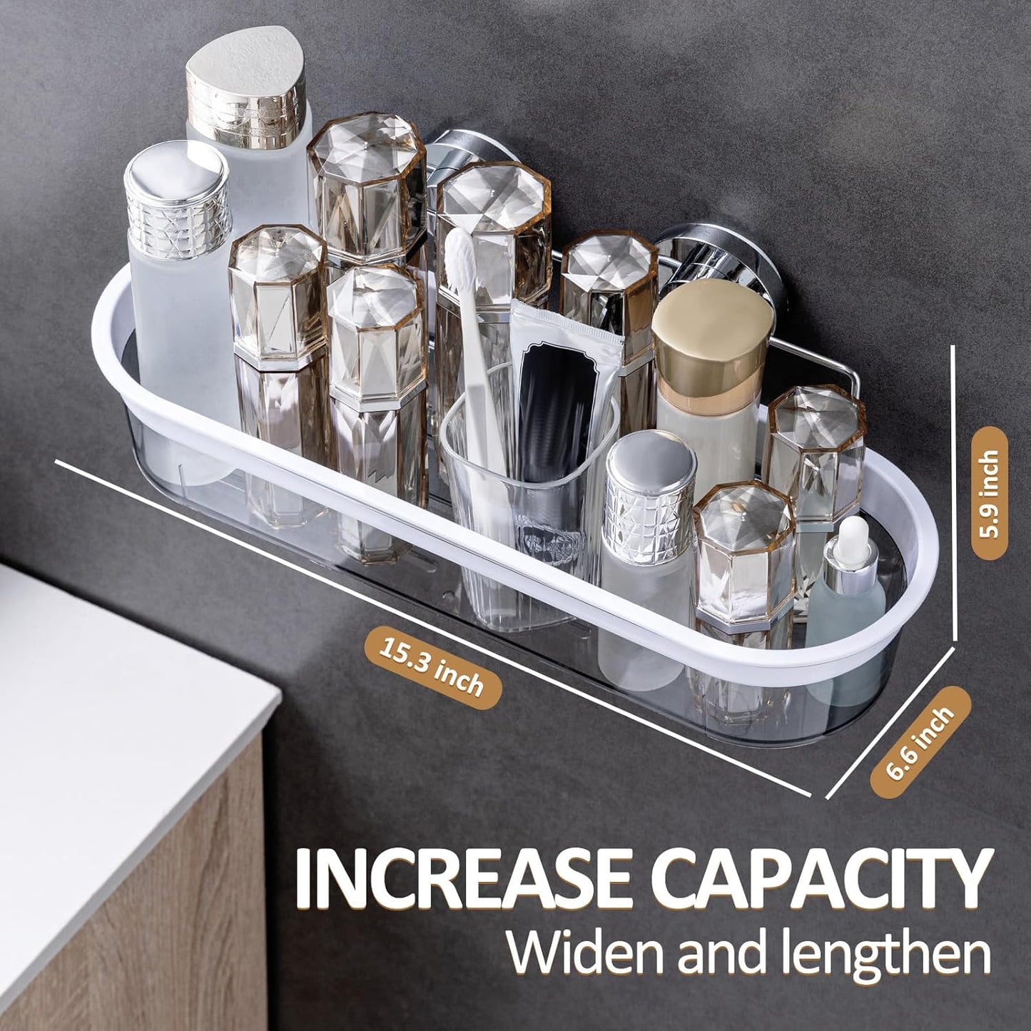 LEVERLOC Shower Caddy Suction Cup, Shower Organizer Removable Bathroom Shelf, Storage Suction Powerful Max Hold 22lbs Bathroom Caddy Waterproof Holder, Chrome & Clear, Large