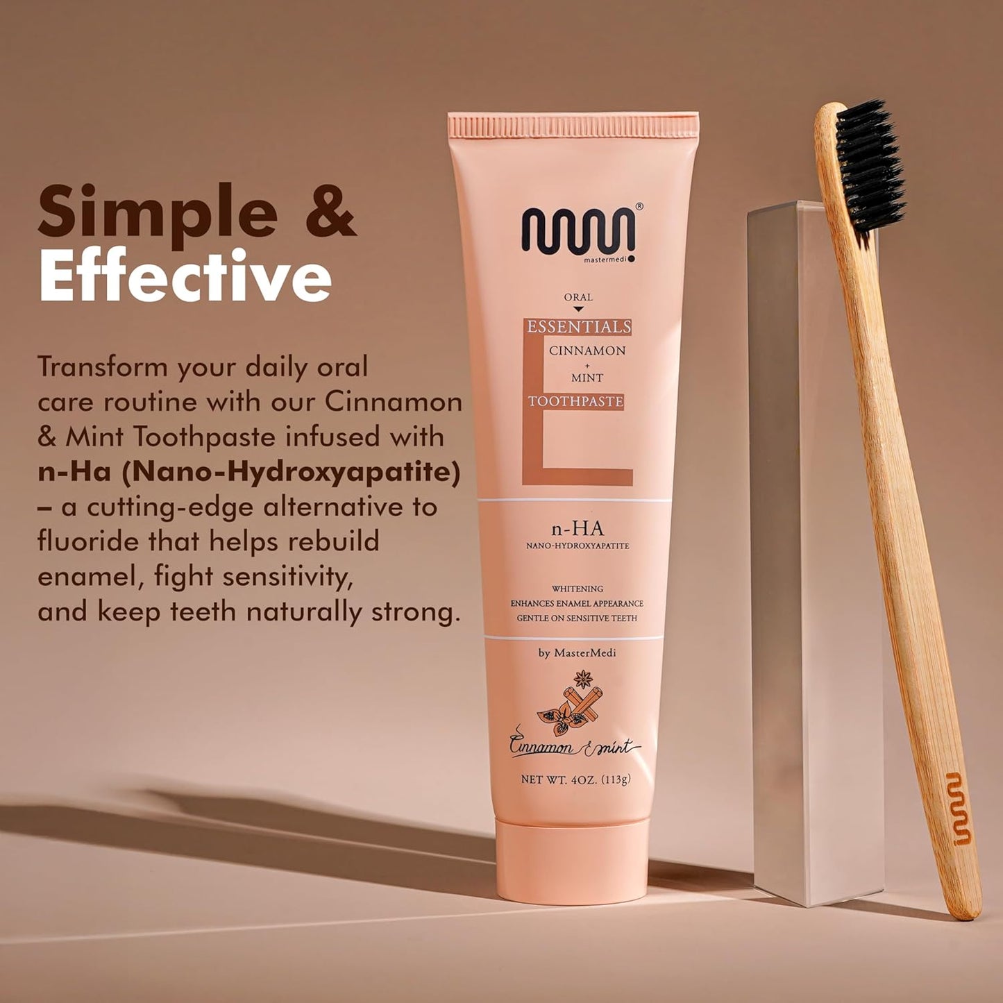 MasterMedi Nano Hydroxyapatite Toothpaste (Inspired by 10% nHA Formulas), Fluoride-Free, Whitening & Sensitivity Relief, Enamel Repair Support, SLS-Free, Xylitol, Mint & Cinnamon 4 Oz (Pack of 2)