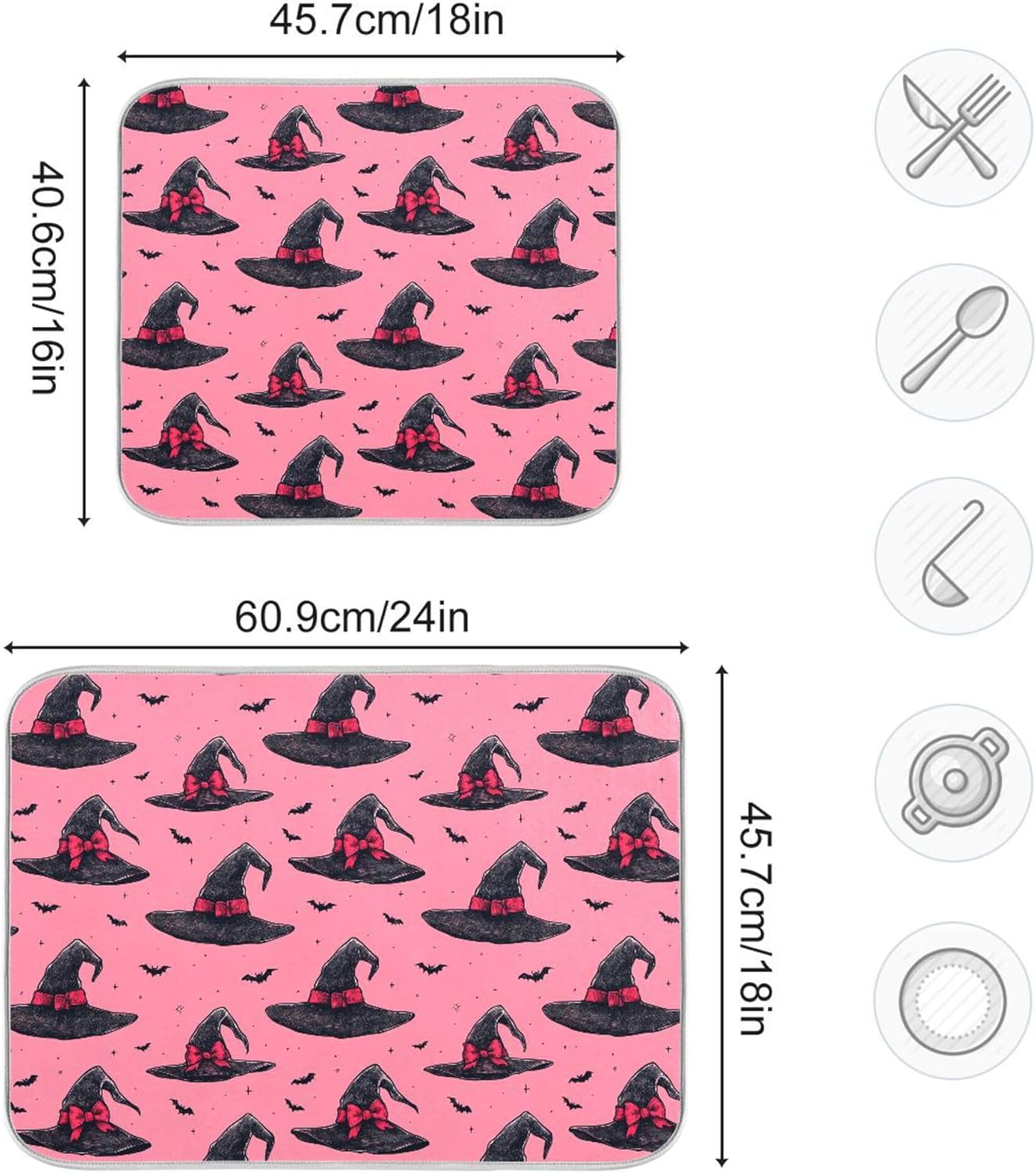 Witch Bow Hot Pink Dish Drying Mat for Kitchen Countertop 18x24 Halloween Bowknot Bat Large Drying Mat Reusable Quick Dry Dish Sink Mats Easy Clean Decorative Essentials