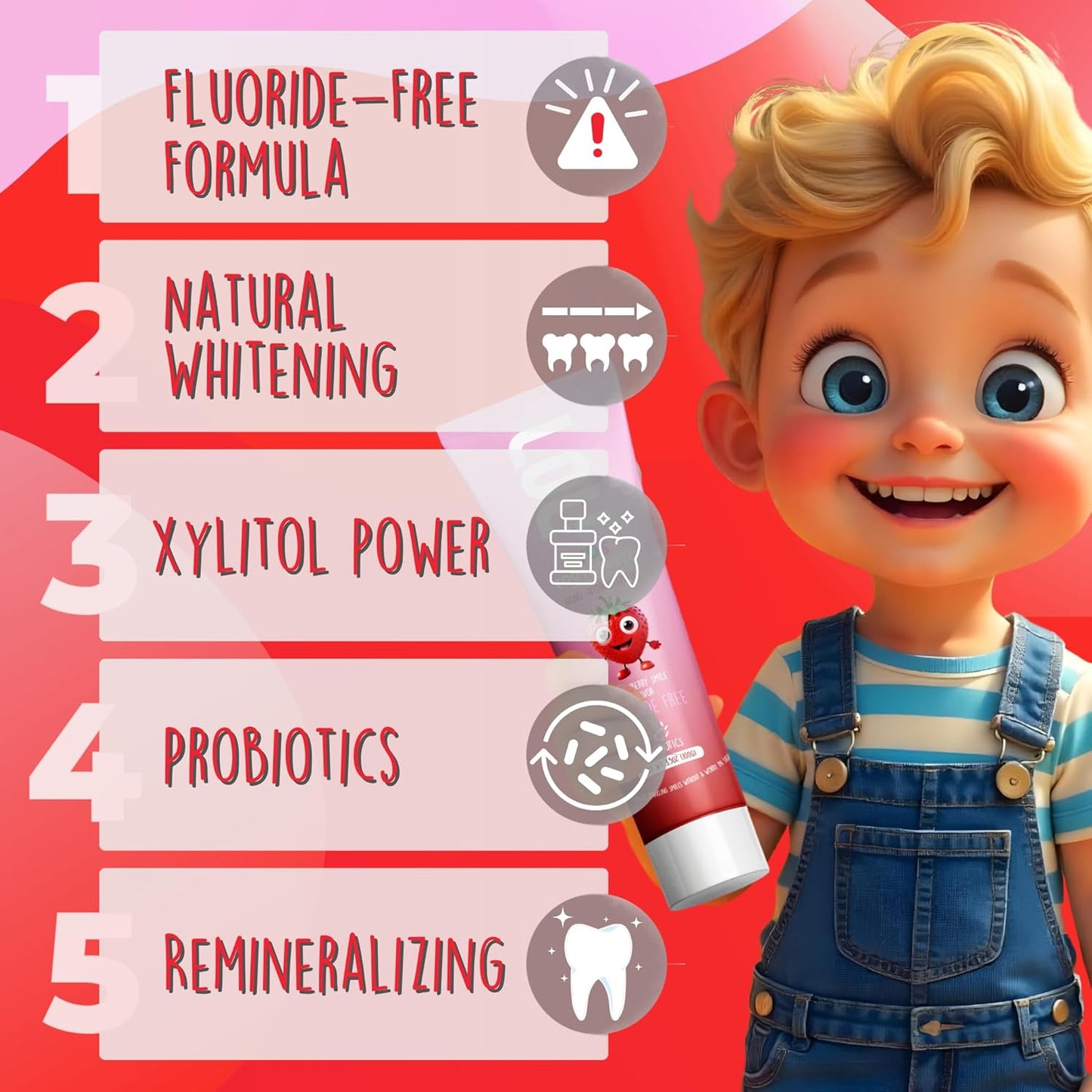 LOL Fluoride Free Toothpaste Kids, Nano Hydroxyapatite Toothpaste,Probiotics & Xylitol Tooth Paste Kids | Remineralizing | Natural | Plant-Based Foam | Pasta De Dientes para Niños. (Strawberry)