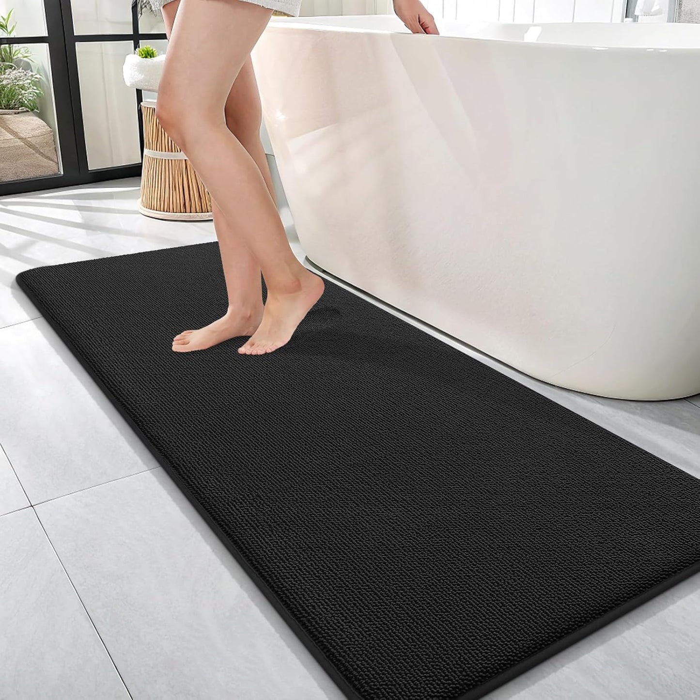 OLANLY Thick Memory Foam Bath Mat Rug 47x17, Extra Soft Absorbent Bathroom Rug, Quick Dry Bath Mats, Non-Slip, Machine Washable Carpet for Bathroom, Tub and Shower, Home Decor Accessories, Black