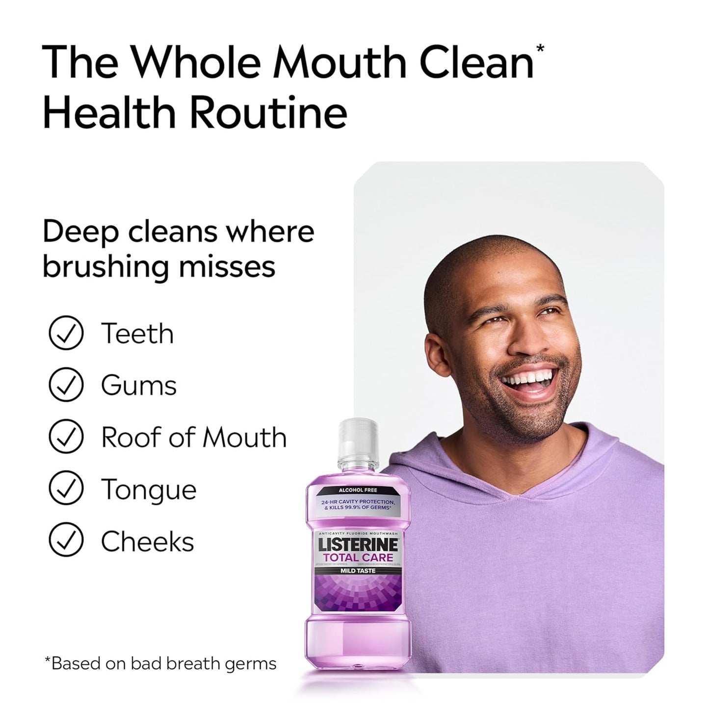 Listerine Total Care Alcohol-Free Anticavity Fluoride Mouthwash, 6 Benefit Oral Rinse to Help Kill 99.9% of Germs That Cause Bad Breath, Strengthen Enamel, Fresh Mint Flavor, 1 L