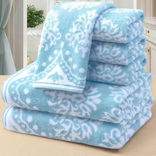 Towels for Bathroom - 100% Cotton | Quick Dry | Thick | Soft | Absorbent | Lightweight, 6PCS Patterned Towels Set, 2 Bath 28"x52", 4 Hand 16"x27", Decorative Towels Set, Aqua and White Damask Jacquard