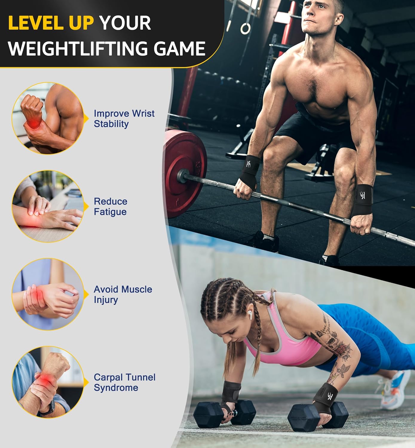 HiRui Wrist Brace 2 Pack - Pain Relief for Arthritis, Tendonitis, Carpal Tunnel | Durable Wrist Wraps Support for Weightlifting Powerlifting Bodybuilding CrossFit Tennis | One Size Adjustable (Black)