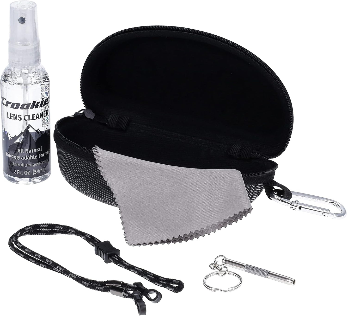 Croakies Eyewear Care Kit with 1(2oz) All Natural VOC Free Lens Cleaner + (1) Hard Case + (1) Microfiber Cloth + (1) Eyewear Retainer + (1) Repair Tool (Grey/Black)
