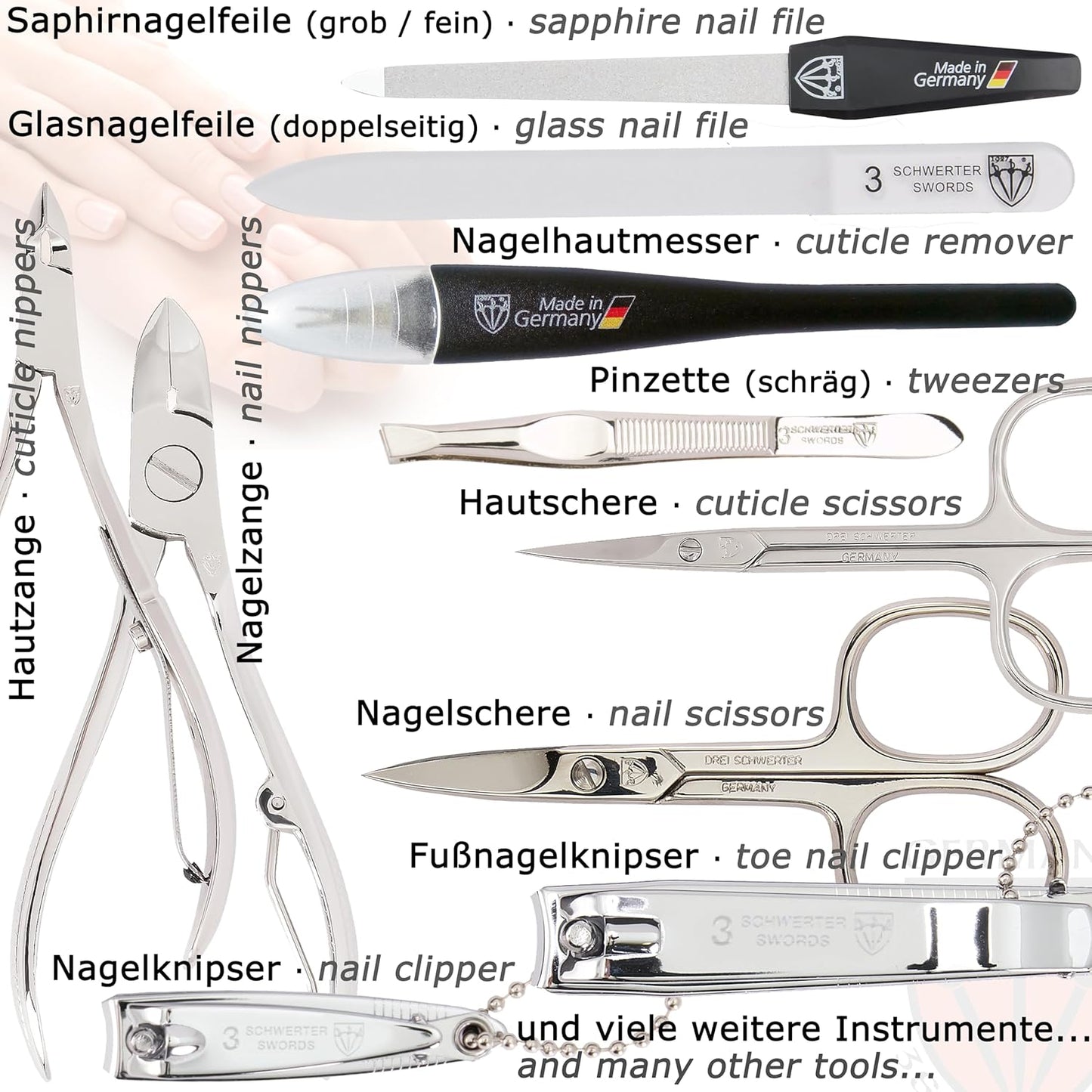 3 Swords Germany - brand quality 16 piece manicure pedicure grooming kit set for professional finger & toe nail care scissors clipper synthetic leather case in gift box, Made in Germany
