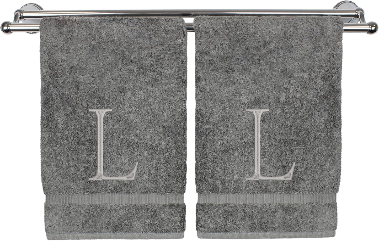 Monogrammed Hand Towel, Personalized Initial Gift, Extra Absorbent 100% Turkish Cotton - Soft Terry Finish - Set of 2 - Silver Block Initial L - Embroidered on Grey Towels