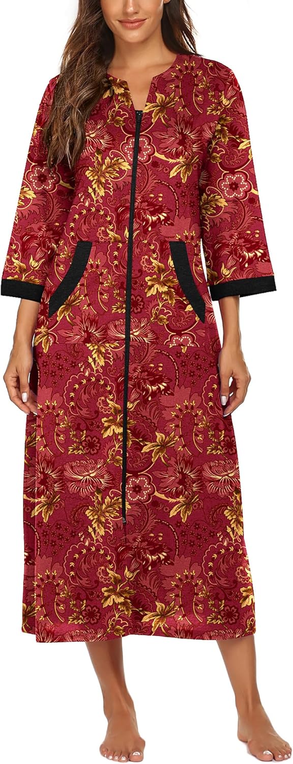 Ekouaer Women Zipper Robe 3/4 Sleeves Loungewear Dress Full Length Sleepwear Pockets Housecoat Nightgown Long Bathrobe