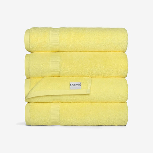 SALBAKOS 100% Turkish Cotton Bath Towel Set of 4 27x54 inch | Heirloom Quality | Hotel & Spa Collection | Soft, Super Absorbent, Long Lasting Bath Towels | Made in Turkey (Yellow, 4 Bath Towels)