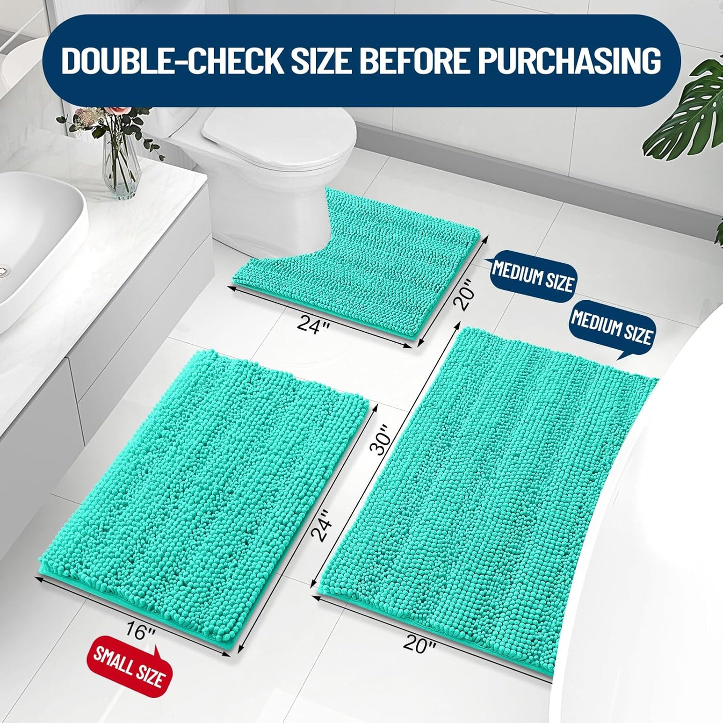 Grandaily Chenille Striped Bathroom Rugs 47x24, Extra Thick and Absorbent Bath Mats, Non-Slip Soft Plush Shaggy Shower Carpet, Machine Wash Dry, Bath Rug for Bathroom, Teal