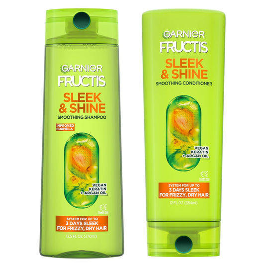 Garnier Fructis Sleek & Shine Shampoo (22 Fl Oz) + Conditioner (21 Fl Oz) Set for Frizzy, Dry Hair, Plant Keratin + Argan Oil (2 Items), 1 Kit (Packaging May Vary)