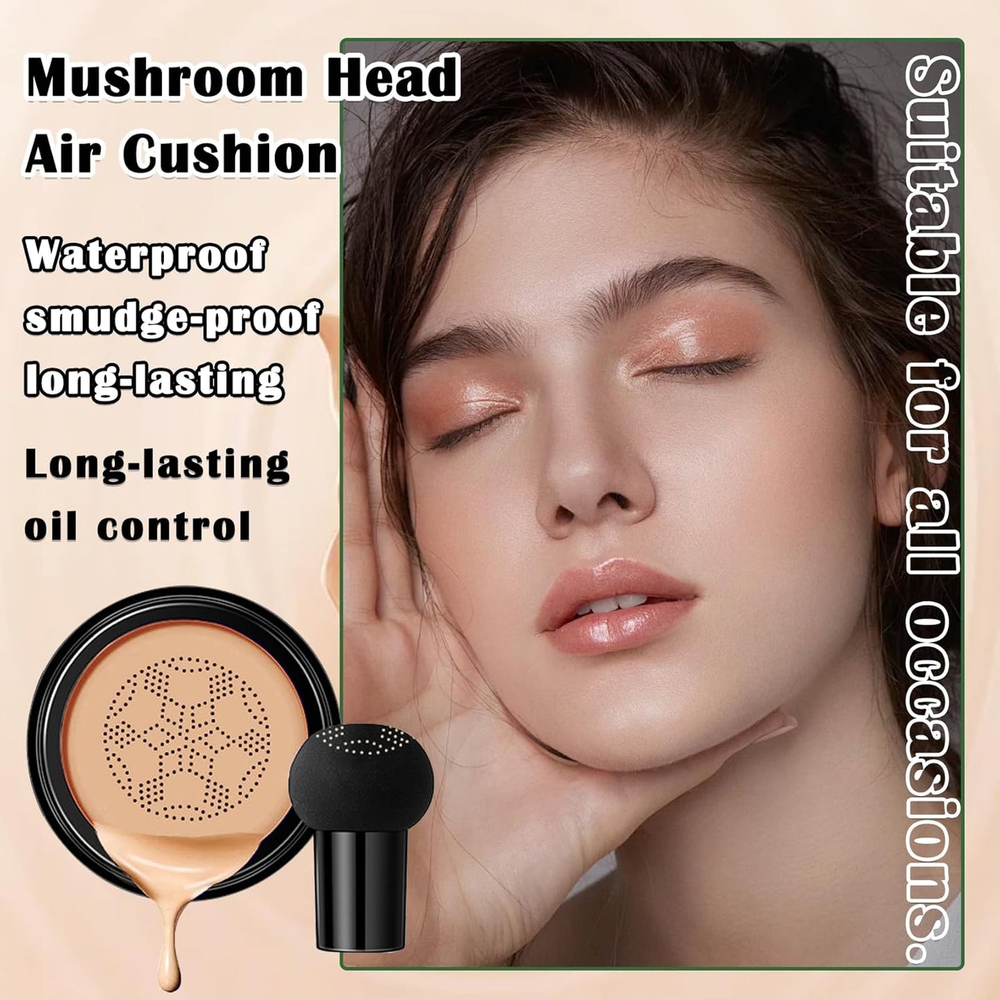 Air Cushion CC Cream Mushroom Head Foundation,Full Coverage Liquid Makeup Foundation,Oil Control Long Lasting Moisturizing BB Cream Foundation Makeup,Matte Concealer for All Skin Types(Natural)