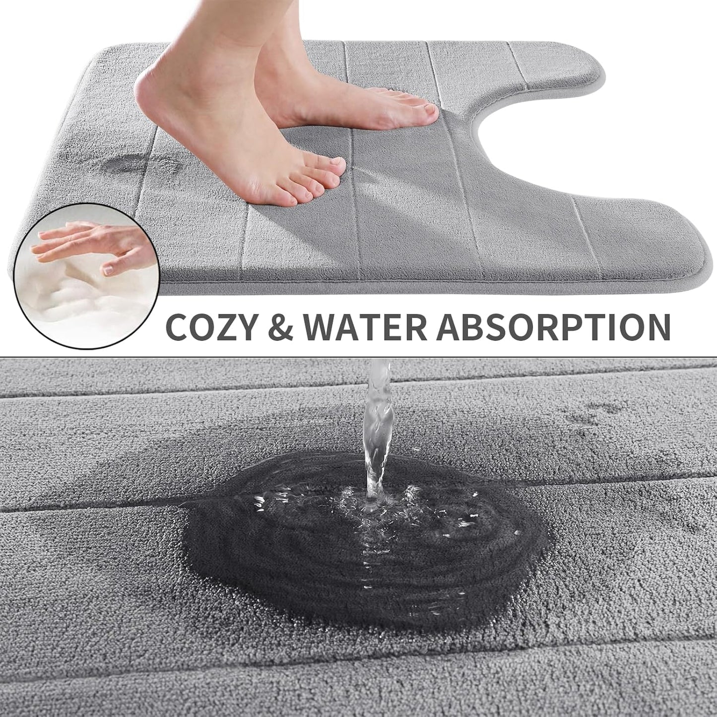Yimobra Memory Foam Toilet Bath Mat U-Shaped, Soft and Comfortable, Super Water Absorption, Non-Slip, Thick, Machine Wash and Easier to Dry for Bathroom Commode Contour Rug, 24 X 24 Inches, Gray