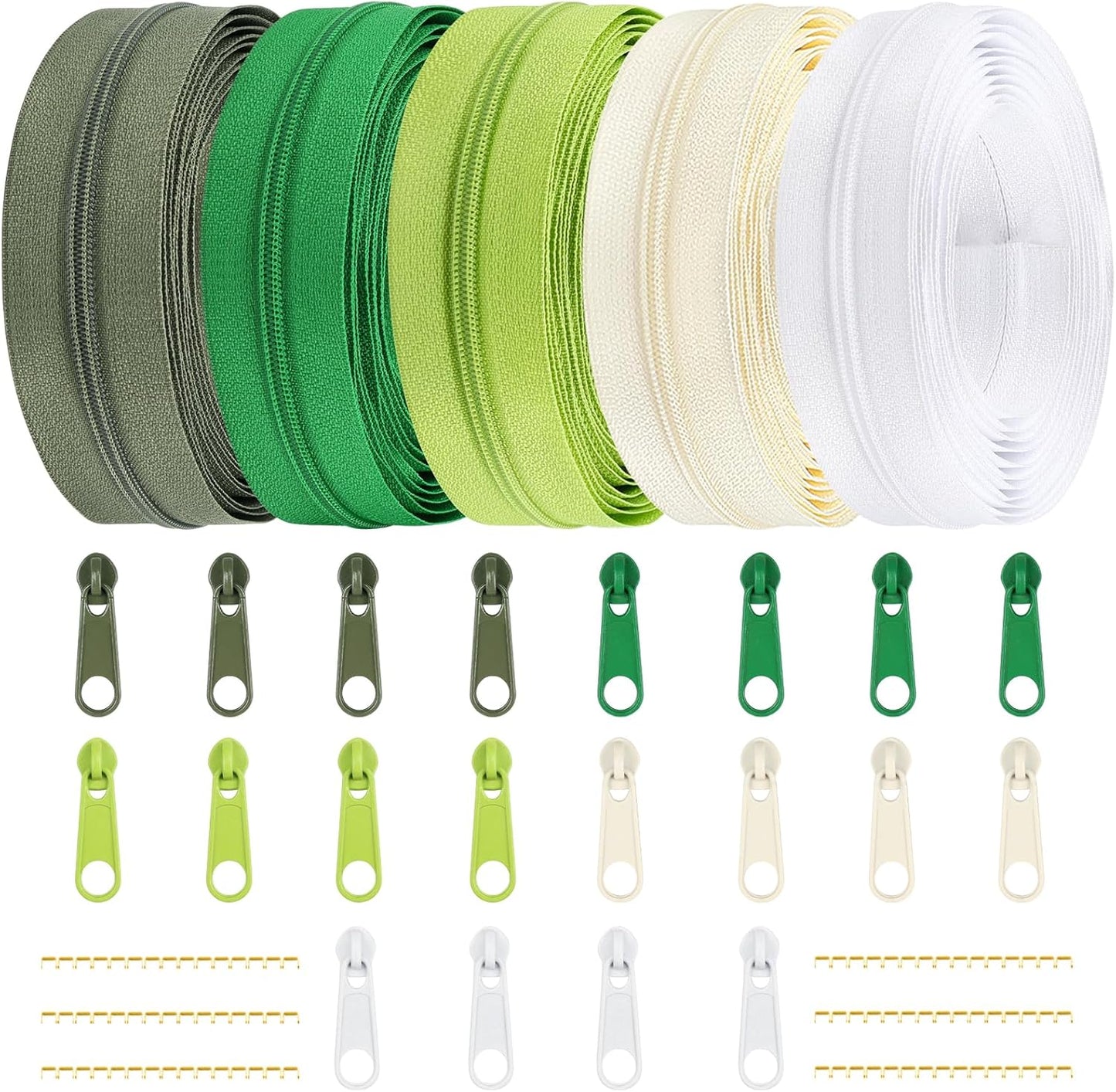 DOITEM 15.3 Yards/ 14 m 5 Pieces Assorted Colors #3 Nylon Coil Zippers, Sewing Zippers Endless Zips with 20 Pieces Zipper Sliders Zip Heads for DIY Sewing Tailor Craft Supplies (Green White)