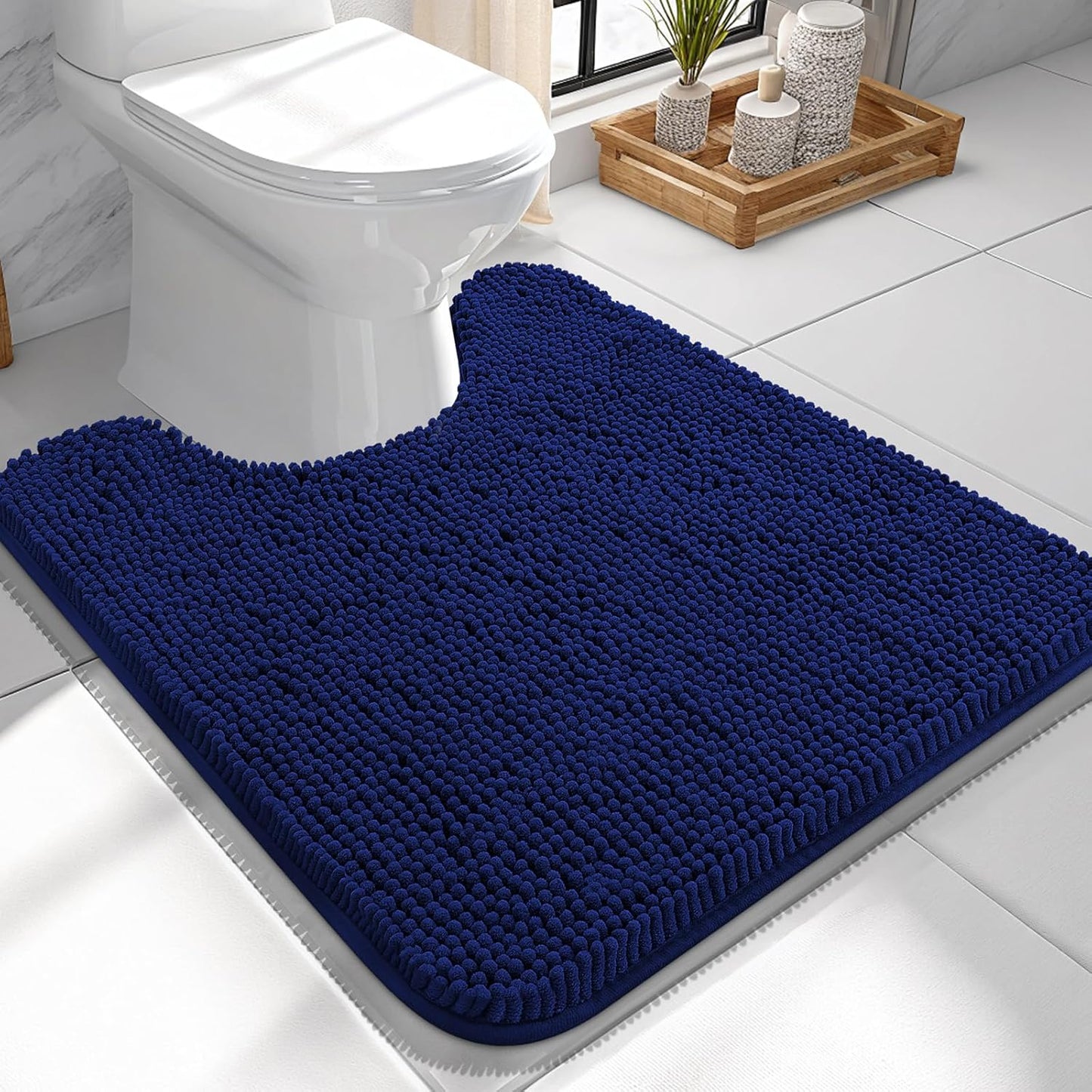 OLANLY Toilet Rugs U-Shaped 24x24, Extra Soft Absorbent Chenille Contour Bathroom Rugs for Toilet, Dry Quickly, Machine Washable, Non-Slip Bath Mat, Navy