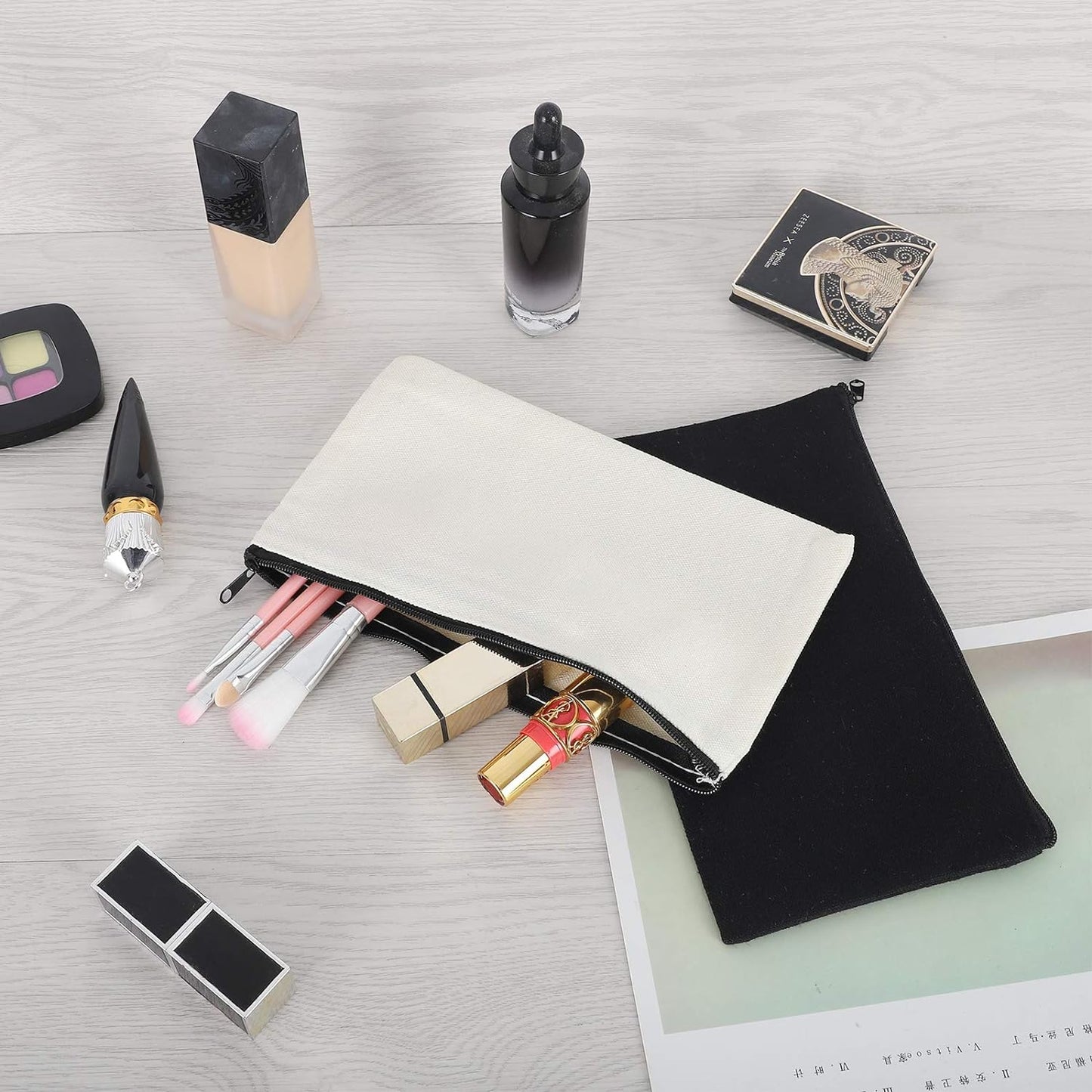 12 Pieces Black Cotton Canvas Makeup Bag, Multipurpose Cosmetic Bag with Zipper Travel Toiletry Pouch, Blank DIY Craft Bag (Black, M)