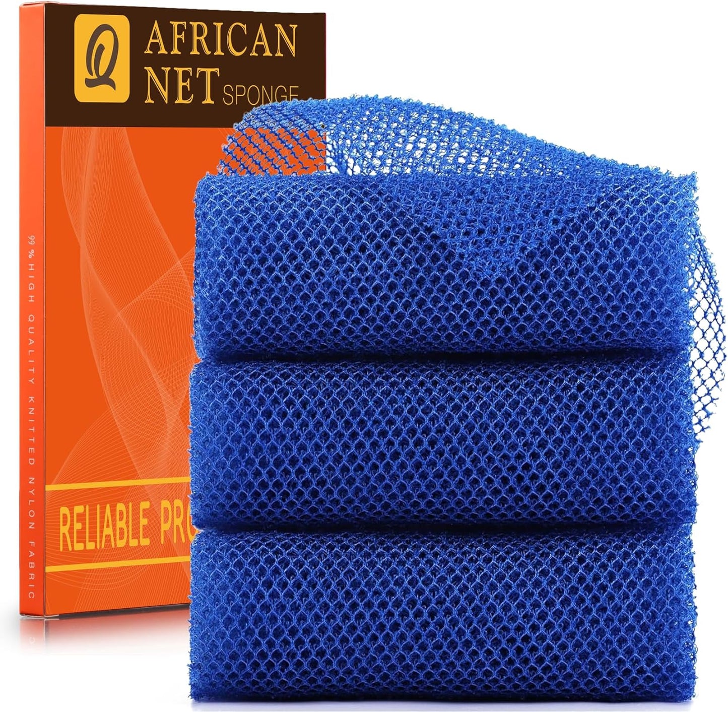 UJFQBH 3 Pieces African Bath Sponge African Net Long Net Bath Sponge Exfoliating Shower Body Scrubber Back Scrubber Skin Smoother,Great for Daily Use (Blue)
