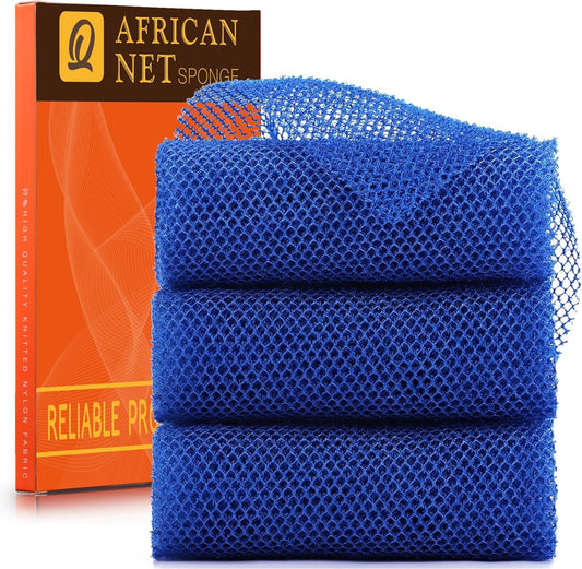 UJFQBH 3 Pieces African Bath Sponge African Net Long Net Bath Sponge Exfoliating Shower Body Scrubber Back Scrubber Skin Smoother,Great for Daily Use (Blue)