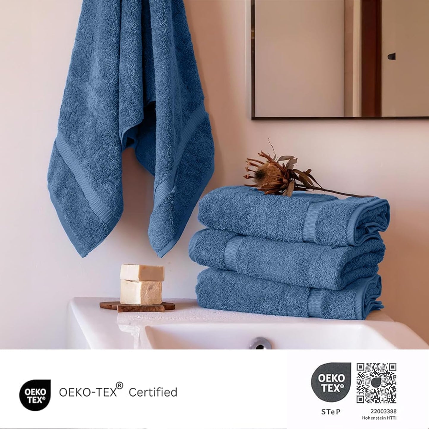 SALBAKOS 100% Turkish Cotton Bath Towel Set of 4 27x54 inch | Heirloom Quality | Hotel & Spa Collection | Ultra Soft, Super Absorbent, Long Lasting Bath Towels | Made in Turkey (Blue, 4 Bath Towels)