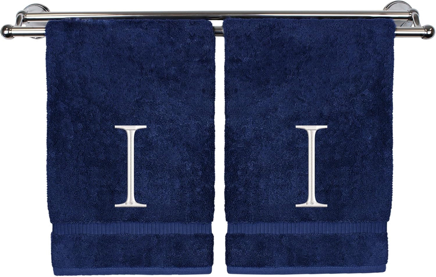 Monogrammed Hand Towel, Personalized Initial Gift, Extra Absorbent 100% Turkish Cotton - Soft Terry Finish - Set of 2 - White Block Initial I - Embroidered on Navy Blue Towels