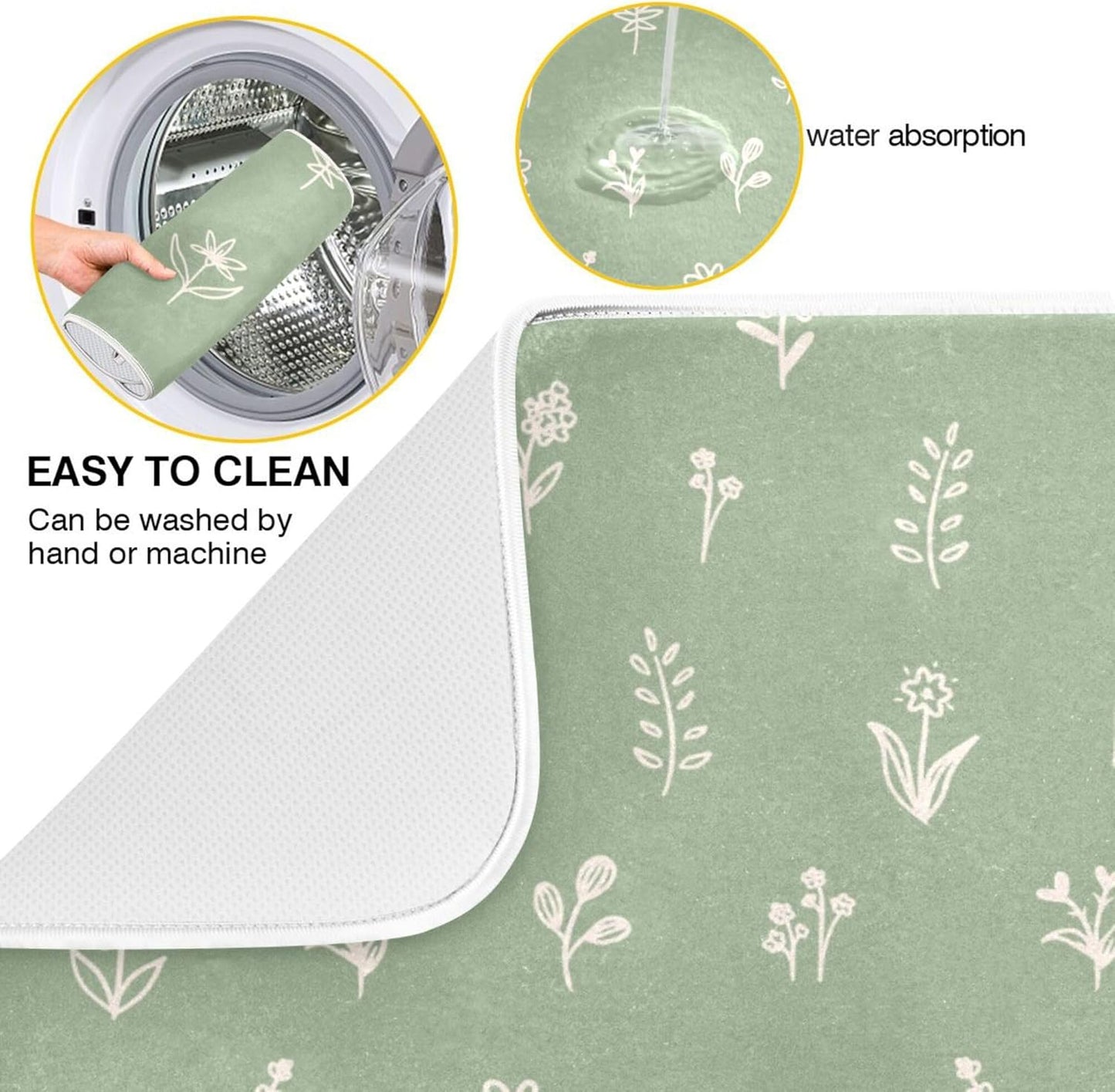 Sage Green Dish Drying Mat Quick Absorbent 16x18 Doodled Botany Flowers Leaves Herbs Plants Kitchen Drying Mat for Countertop Sink Reusable Dishes Mats Kitchen Essentials