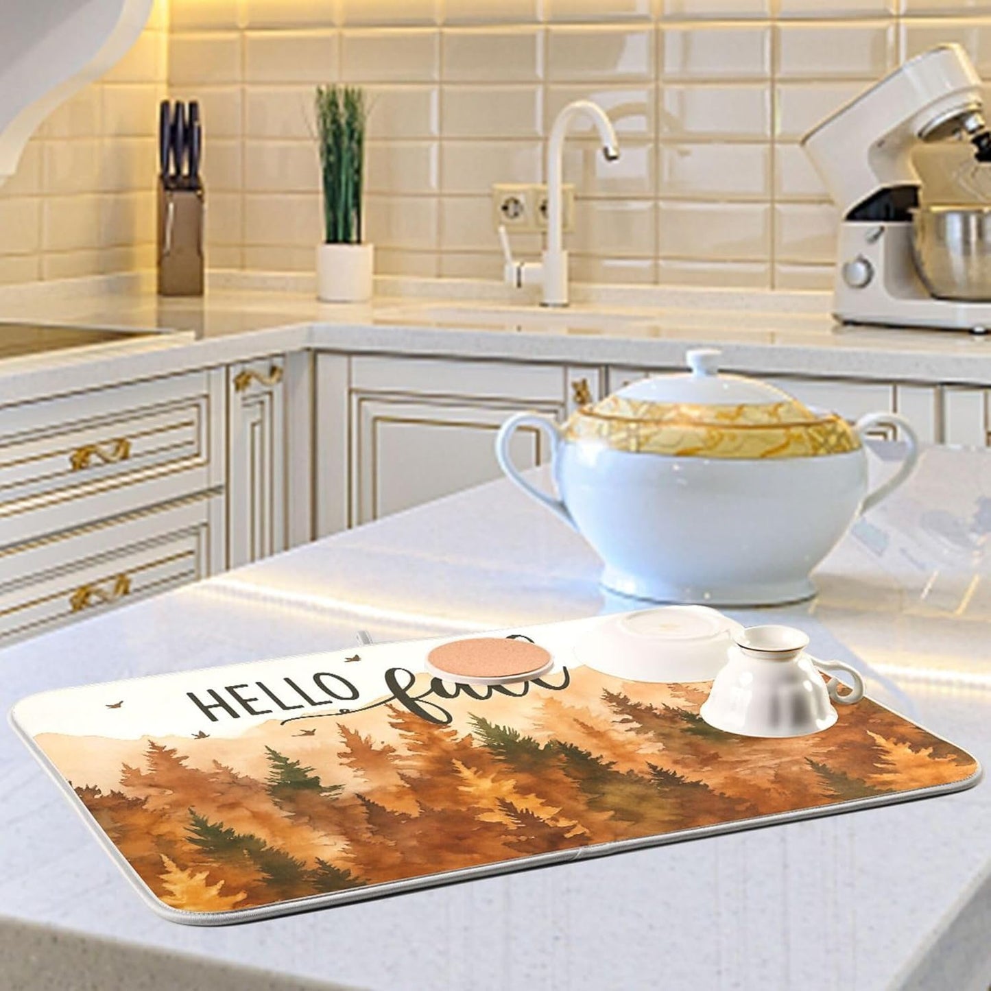 Hello Fall Forest Dish Drying Mat for Kitchen Countertop 18x24 Autumn Pine Tree Large Drying Mat Reusable Quick Dry Dish Sink Mats Easy Clean Decorative Essentials