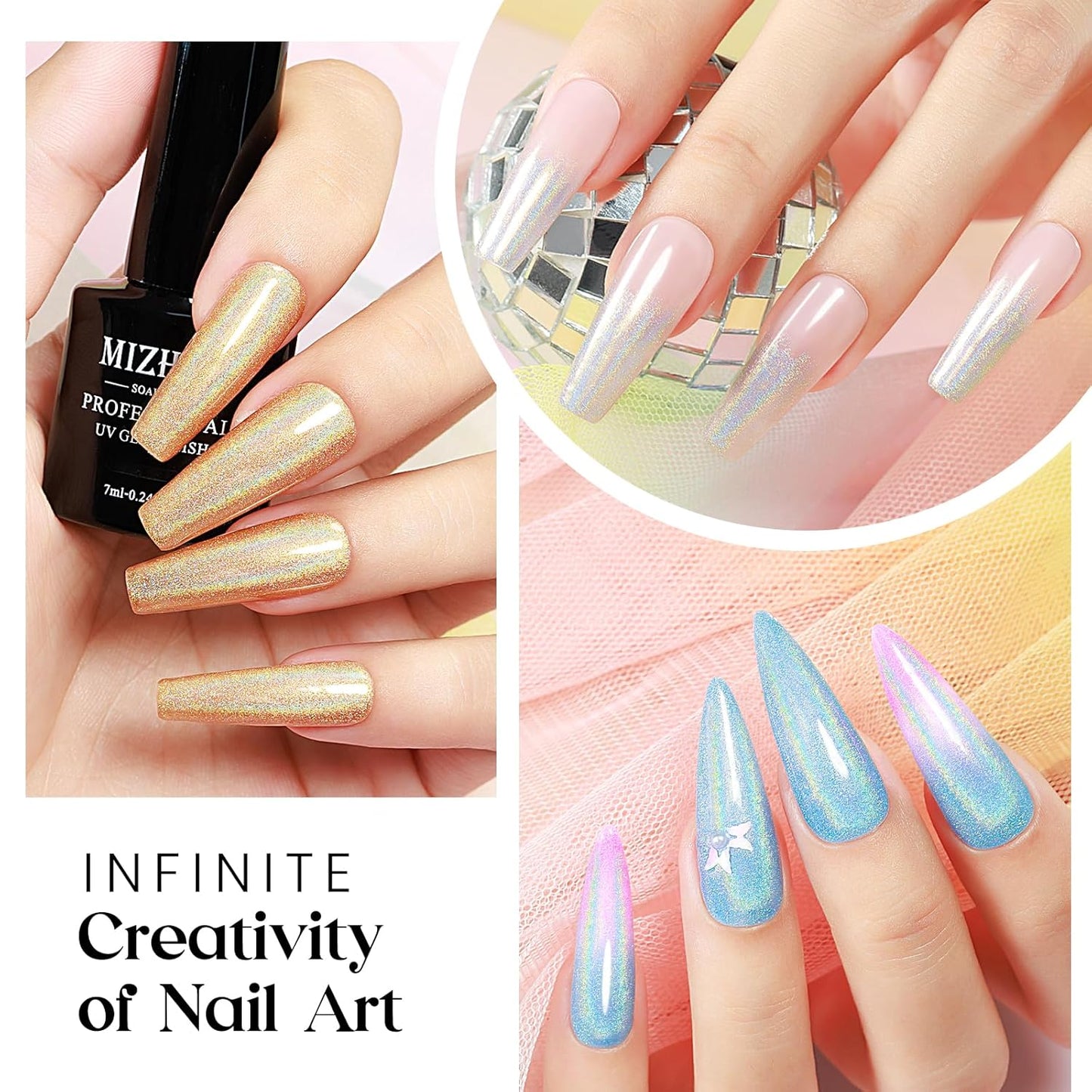 MIZHSE 8 Colors Holographic Gel Nail Polish, Laser Iridescent Gel Polish Set, Chrome Rainbow Shimmer Glitter Nail Gel, Sparkly Shiny Gel Polish Silver Pink Nail Art Salon at Home Women Gift