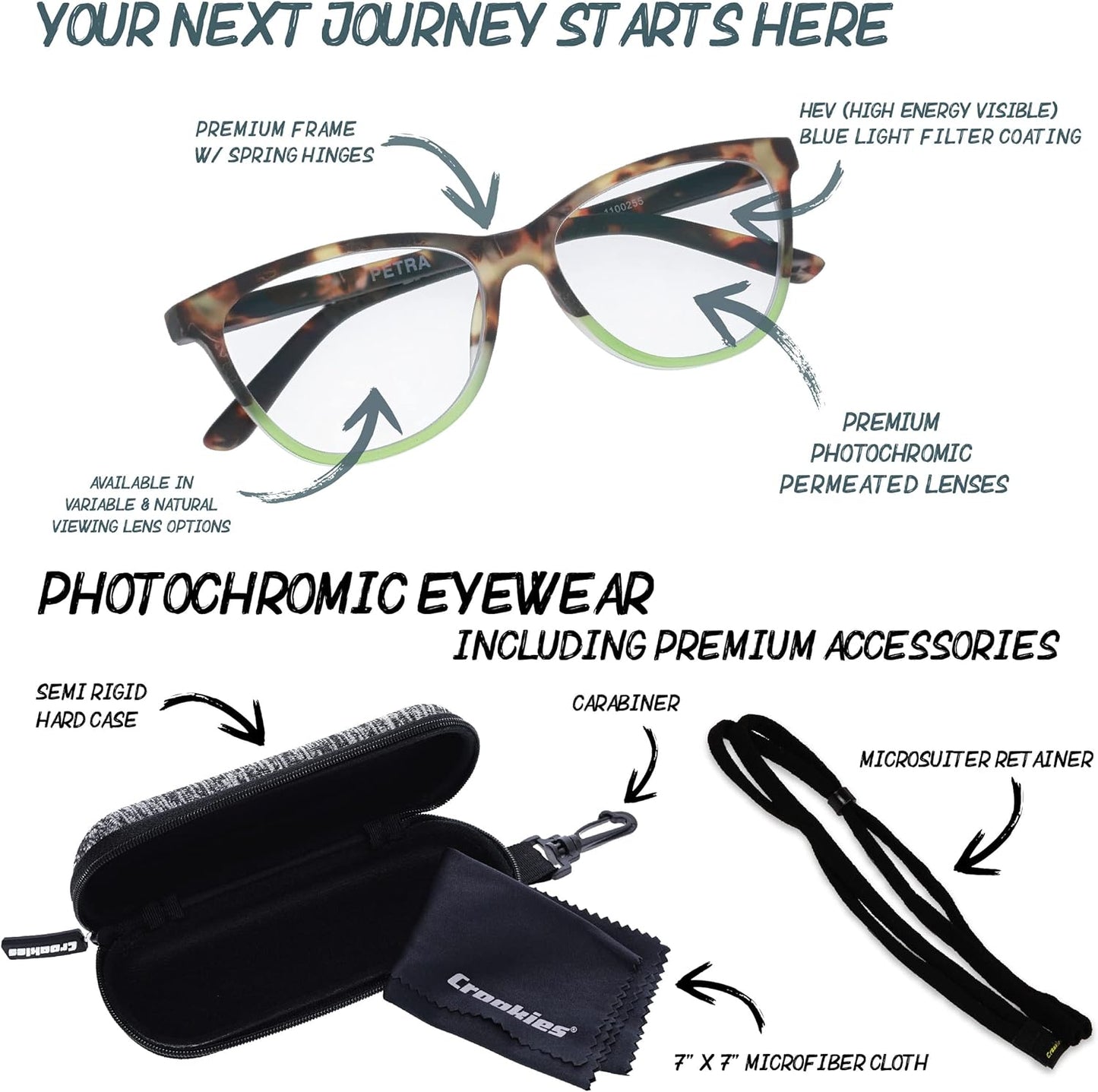 Croakies Petra Photochromic Progressive Eyewear | UV400 Sunglass for Outdoor | Bluelight Eyeglass for HEV Devices | Bundle