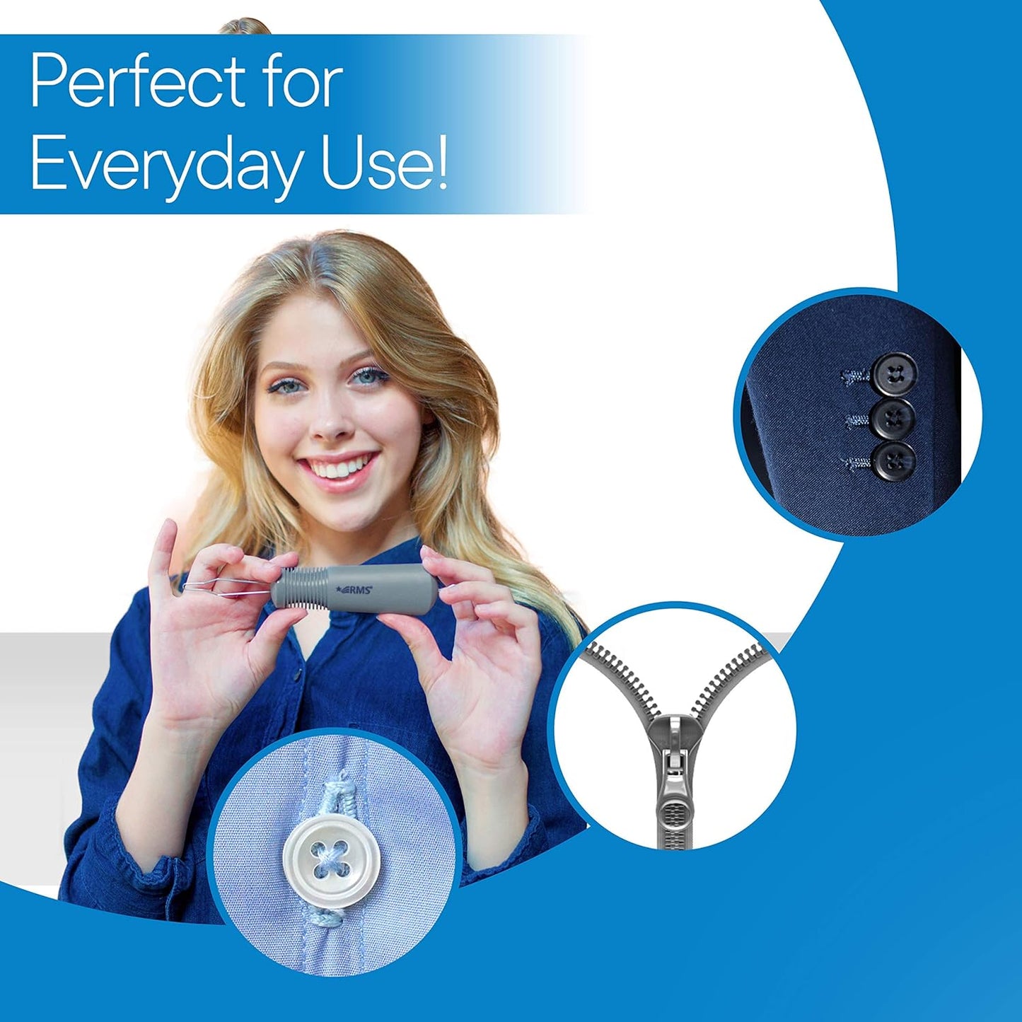 RMS Button Hook with Zipper Pull - Button Assist Device with Comfort & Wide Grip, Shirt & Coat Buttoning Aid Ideal for Limited Dexterity Caused by Arthritis (Grey)