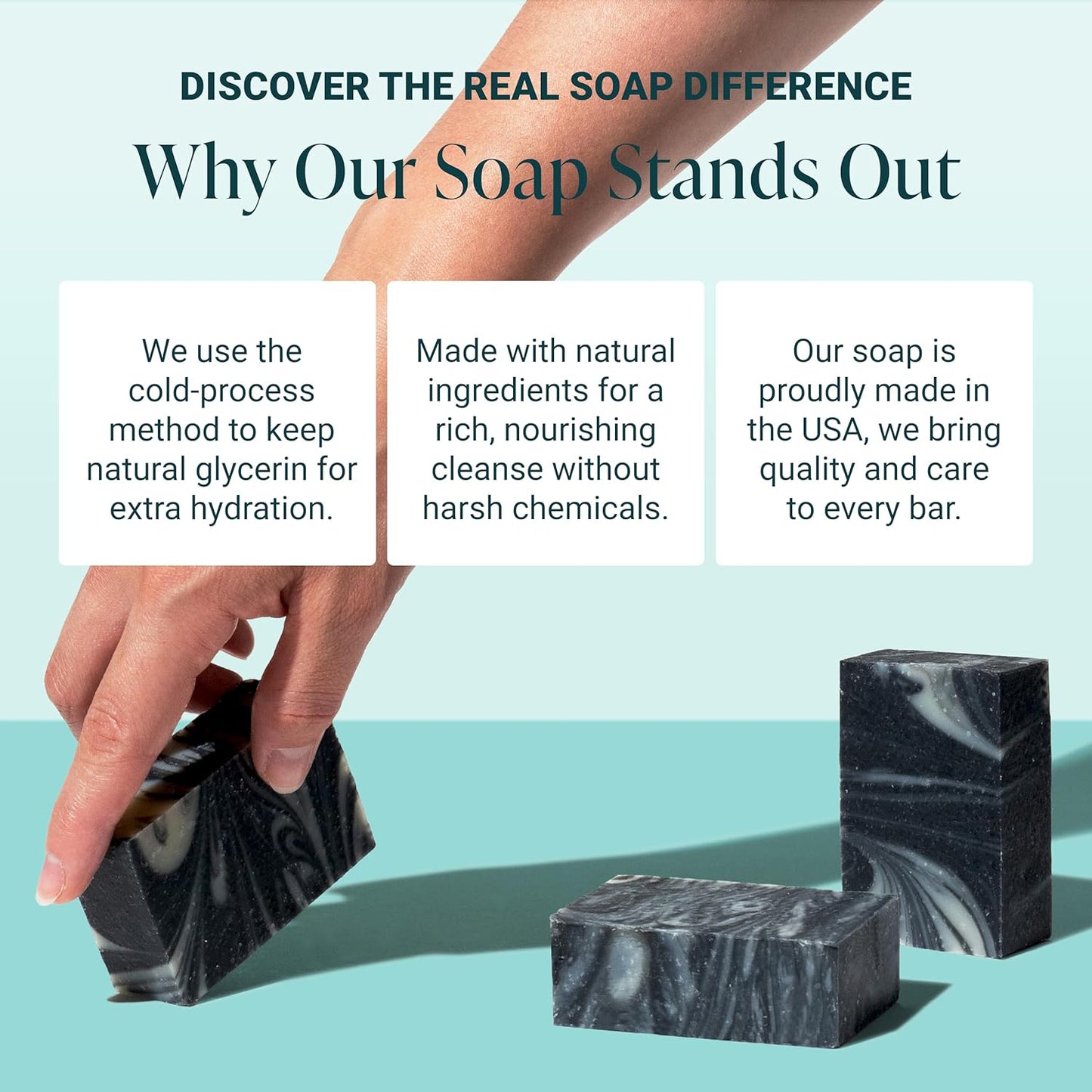 Handmade Soap, All Natural Soap for Women & Men, Hand, Bath & Body Natural Bar Soap, Vegan, Palm Oil Free, Made in USA with Shea Butter + Essential Oils, Charcoal Mud Tea Tree, 3 Bars