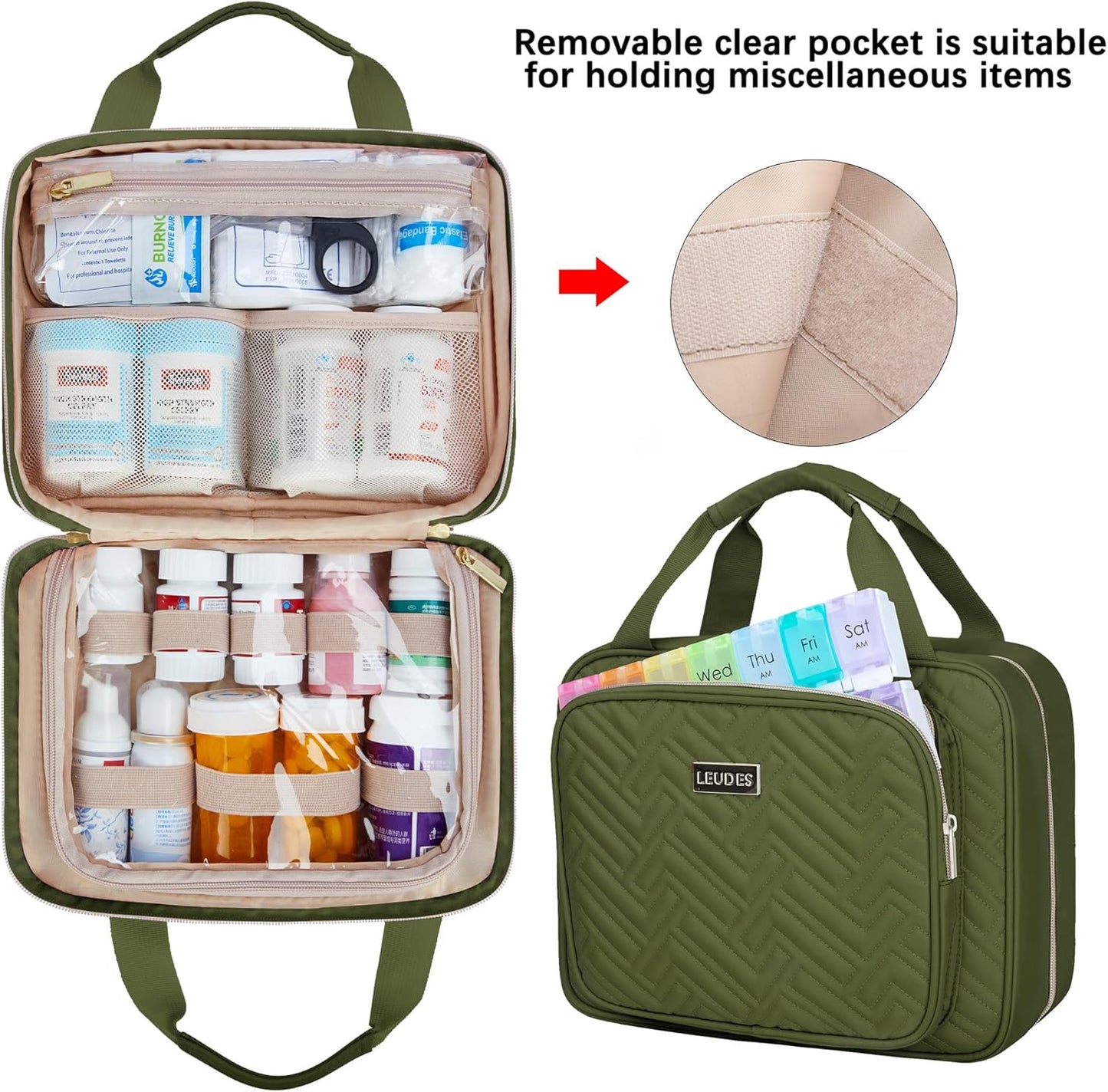 Leudes Travel Pill Bottle Organizer,Medicine Organizer and Storage,Home Medication Bag, Cases,Carrier for Pills,Vitamin,Fish Oil,Supplements for Women and Men (Medium, Army Green)