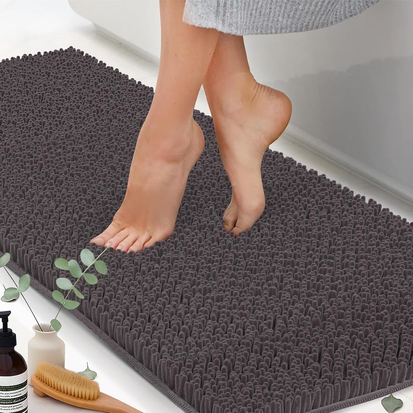 Chenille Bath Mats, Plush Absorbent Bath Mats Quick Dry, Soft & Machine Washable, Non Slip Carpet For Bathroom, Thick Bathroom Rugs, Shower Restroom Rug Mat, Alfombras De Baño, Bathrugs Matts, 59"x21"