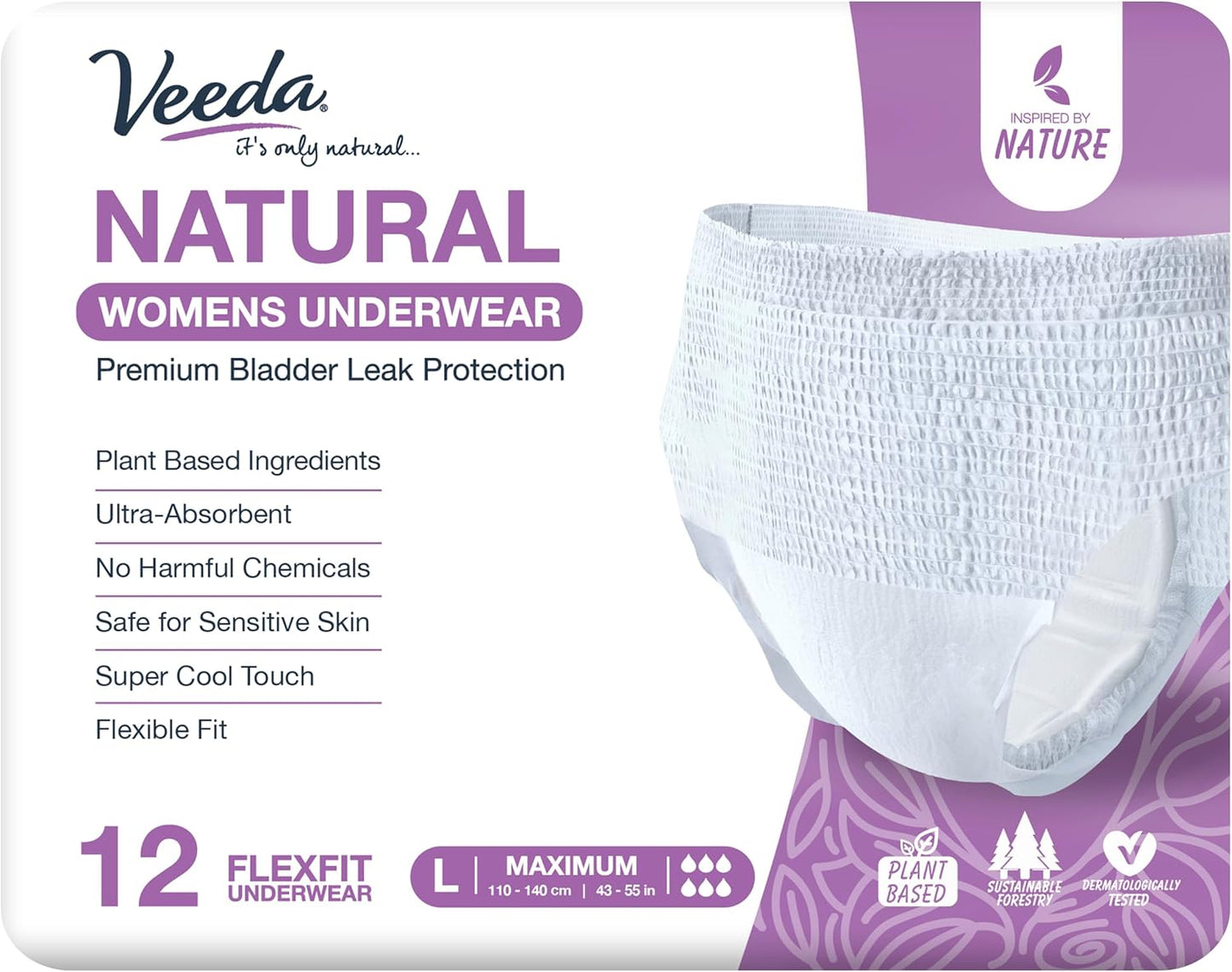 Veeda Natural Adult Incontinence Underwear for Women - Postpartum Underwear for Bladder Leakage Protection - Disposable Underwear with Maximum Absorbency - Large Size - 12 Count