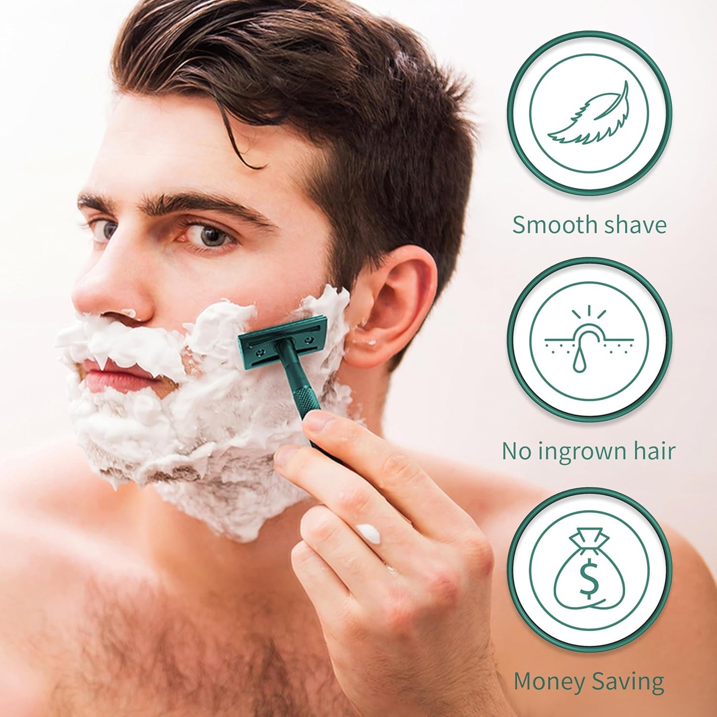 Bambaw Double Edge Close Comb Safety Razor with Stand, Shaving Razor for Men with 5 Safety Razor Blades, Reusable Eco Freindly DE Metal Razor – Sea Green