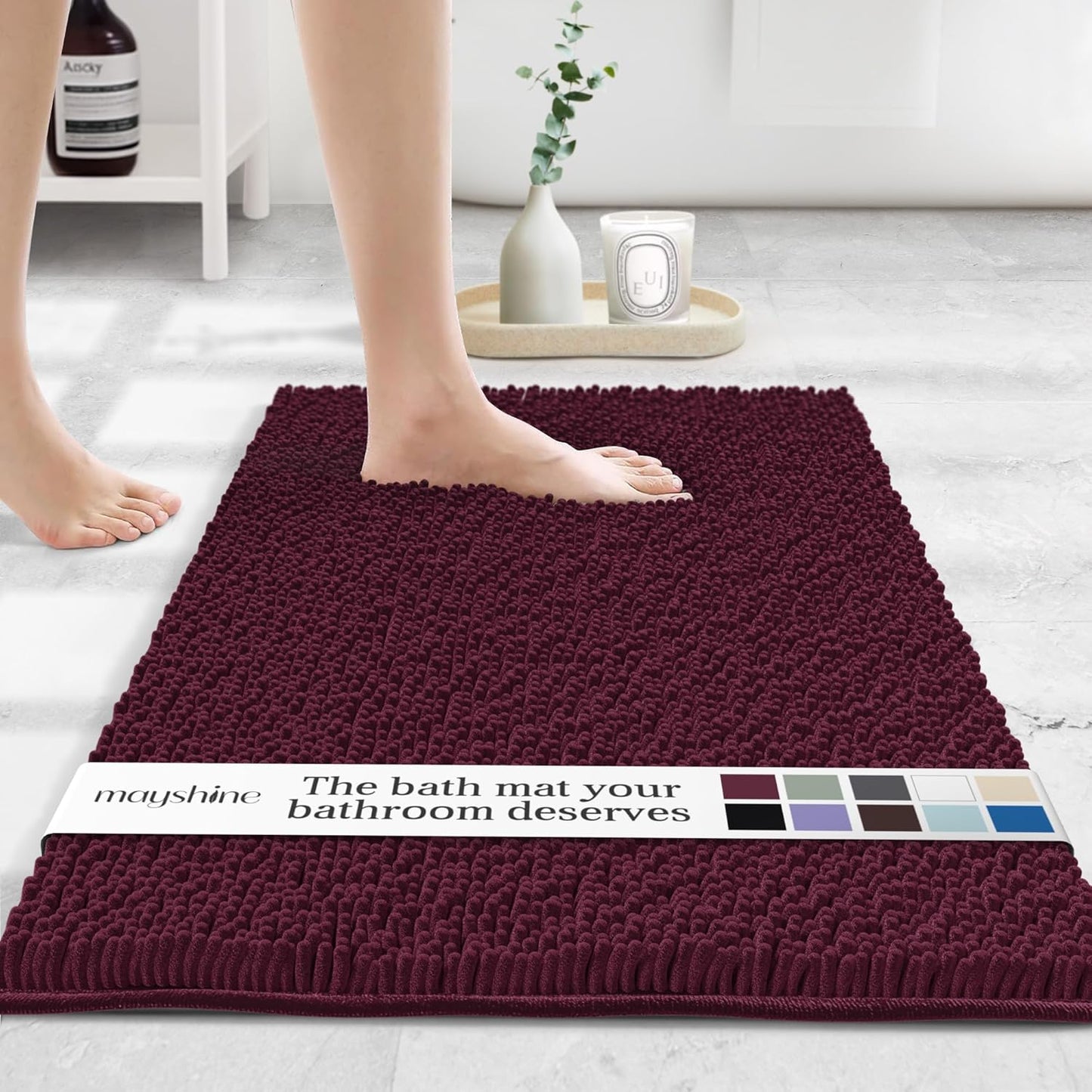 MAYSHINE Plush Shaggy Chenille Bath Mat | Extra Soft, Super Absorbent, Non-Slip Bathroom Rug | Fluffy Microfiber, Area Rug Sets for Bathroom Floor, Kitchen, Living Room | 39"x24" | Burgundy