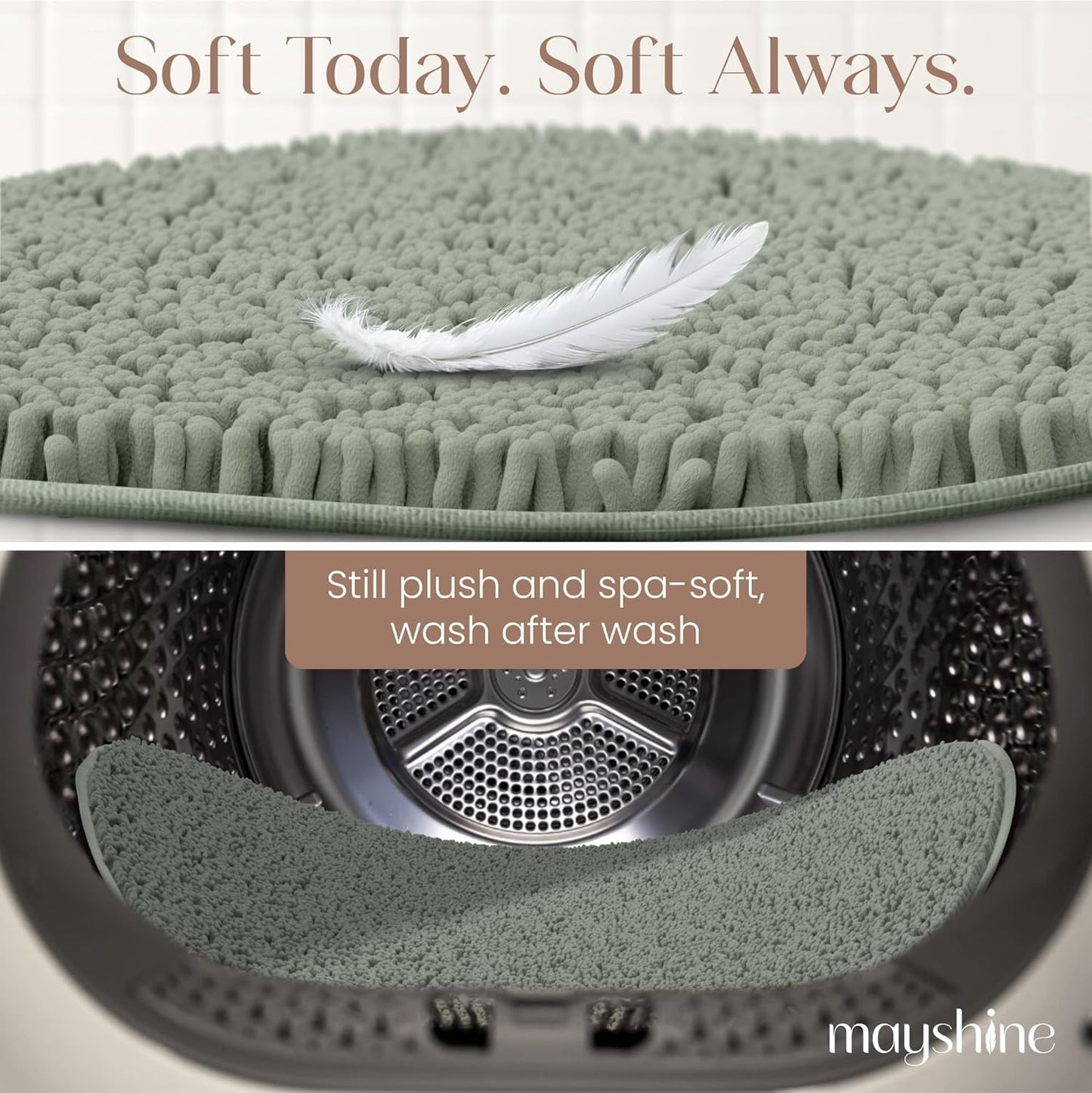 MAYSHINE Round Area Rug Set for Bathroom | Soft Plush Chenille Bath Mat, Water Absorbent Non-Slip Bathroom Rug | Washable Shag Carpet for Shower, Bedroom, or Home Décor | 36"x36" (Round) | Sage Green